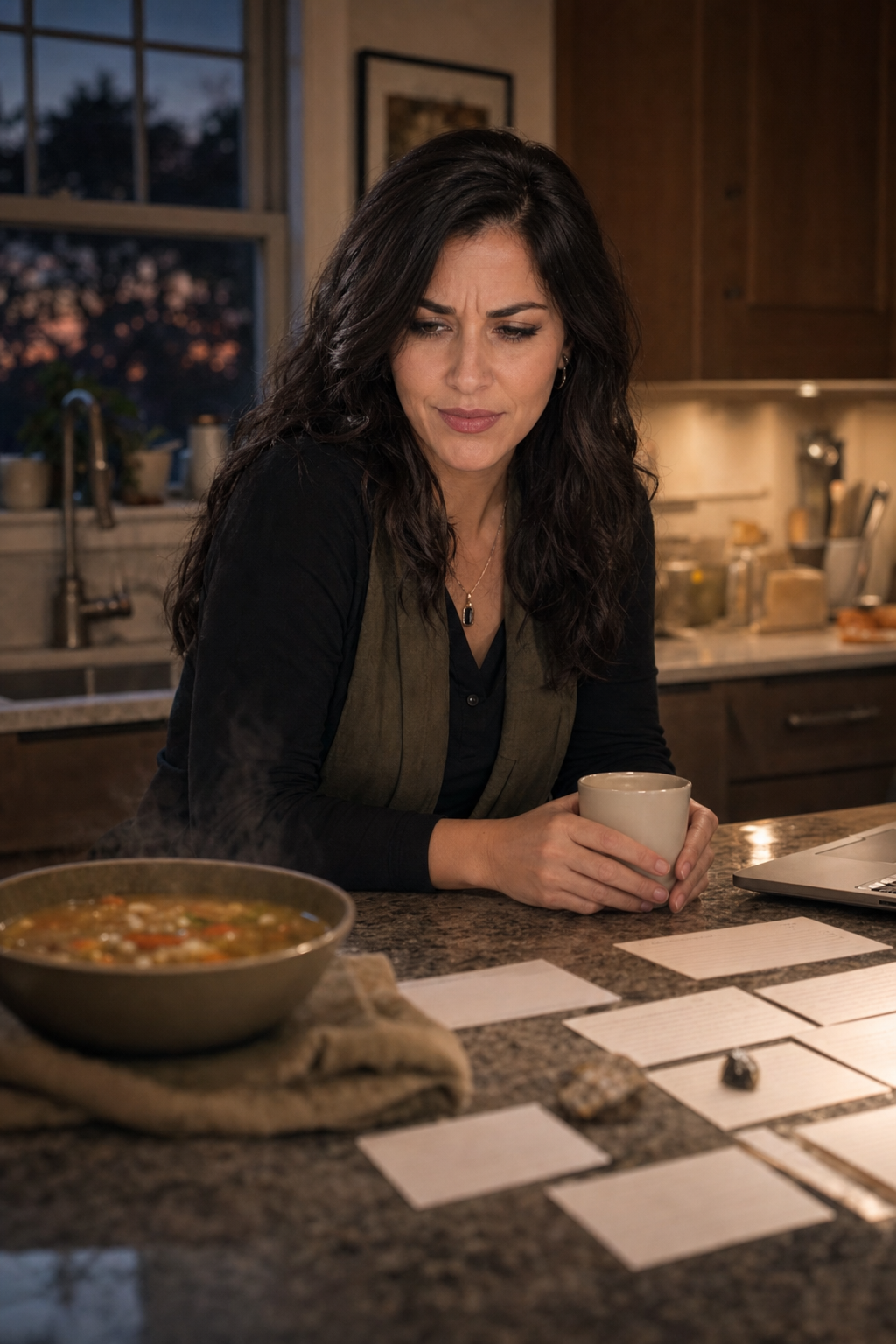 Nyra at a kitchen counter with soup, laptop, and notes, looking skeptical while revising a trust scene.