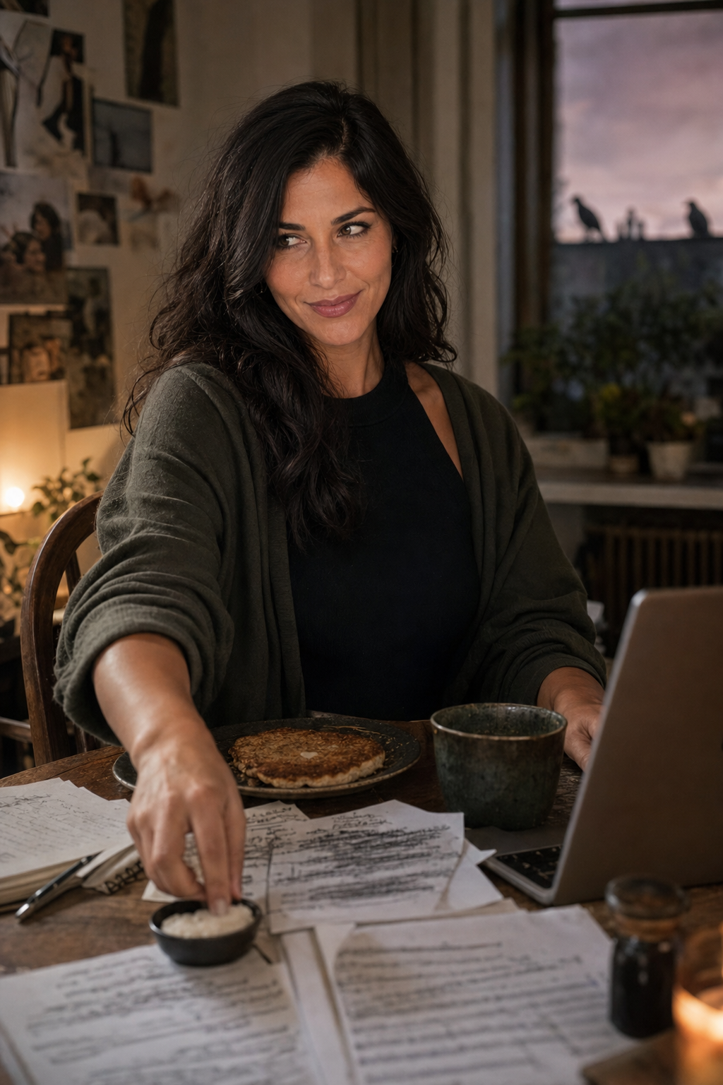 Nyra at a table with salt, cake, laptop, and manuscript pages, amused by the scene that survived cuts.