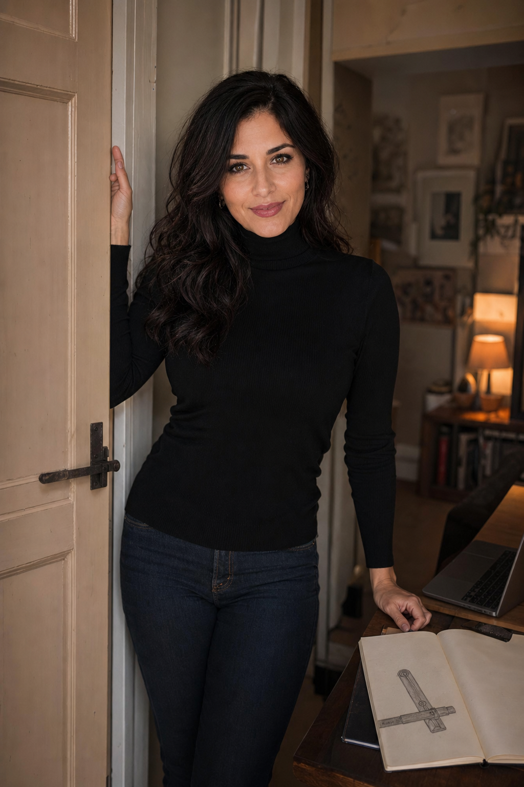 Nyra beside an interior doorway and writing table, satisfied after finding the door bar detail.