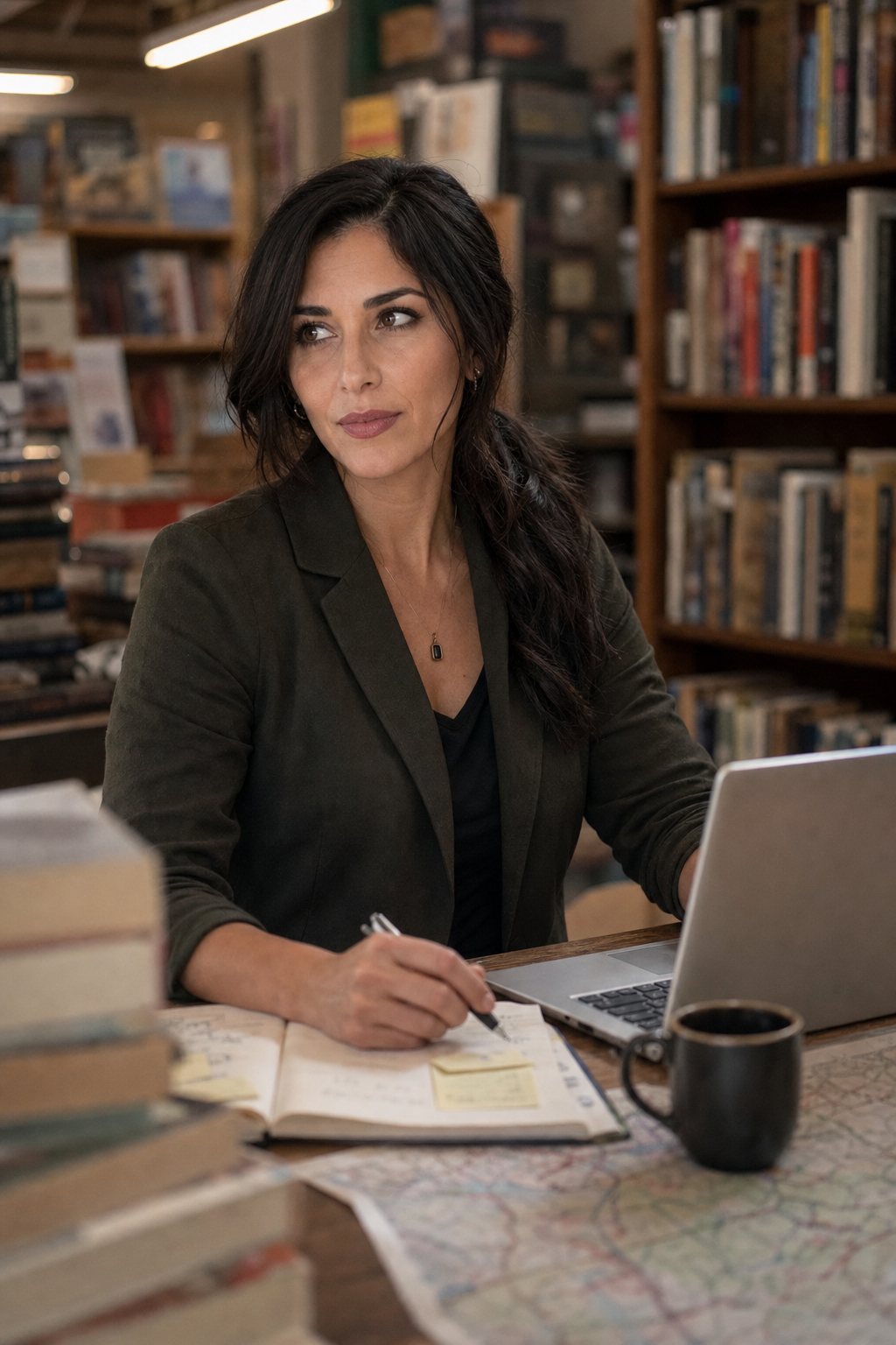 Nyra in a bookstore or library workspace with notes and a map, considering the boundary logic of desire.