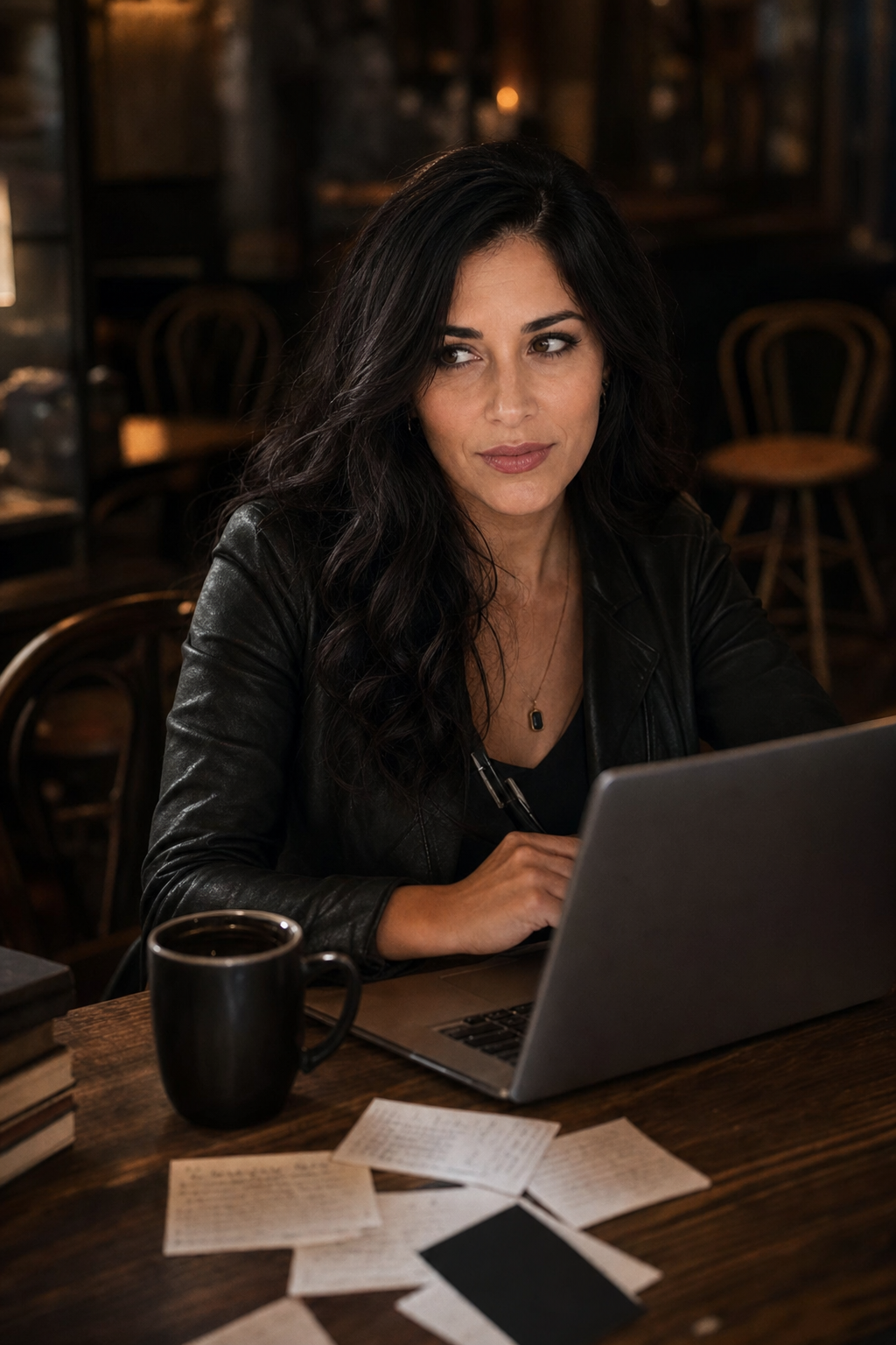 Nyra in a moody cafe booth with dark coffee and facedown notes, wary as if a dangerous scene entered.