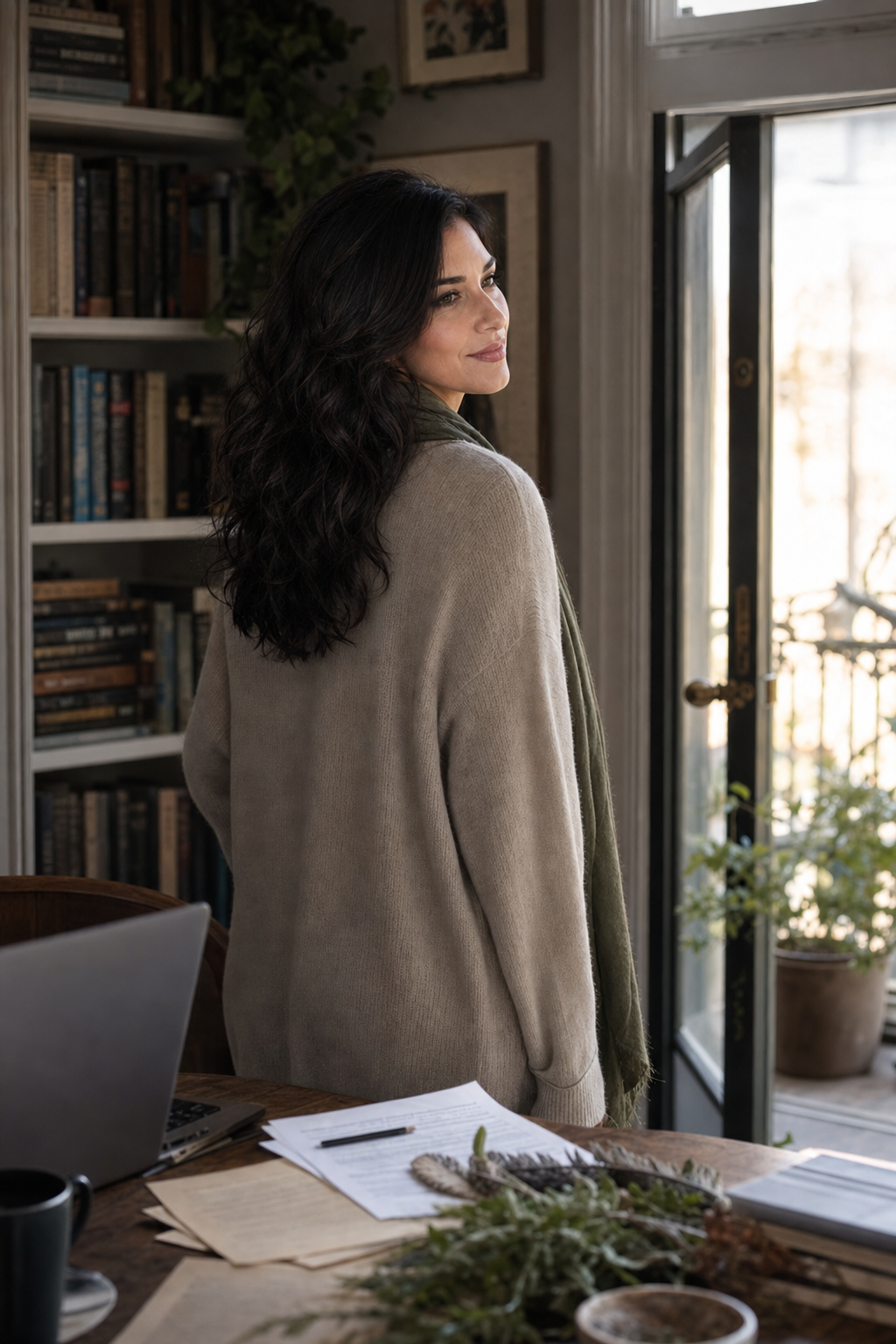 Nyra near an open doorway in morning light, relaxed after writing the ending as a chosen return.