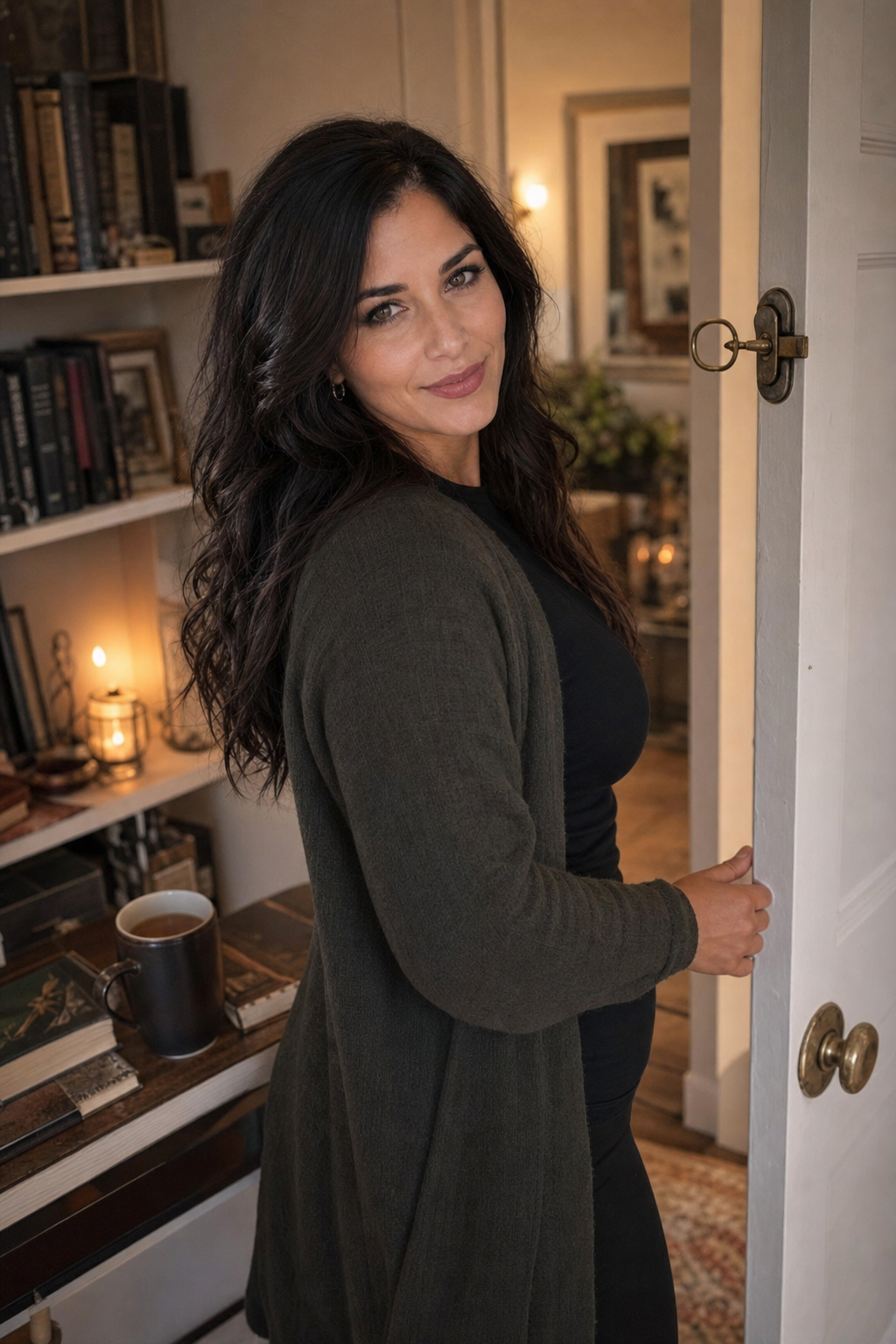 Nyra Somata in a warm writing room beside an open doorway, looking back over her shoulder with notebooks and tea nearby.