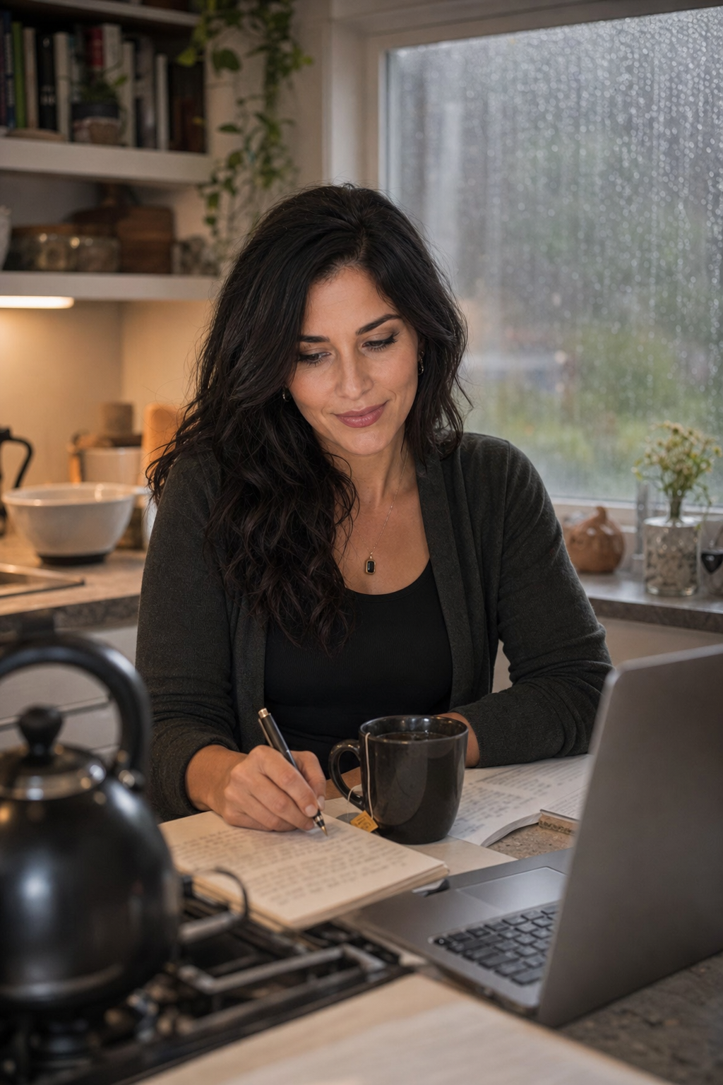 Nyra Somata at a rainy kitchen writing counter with a black kettle, tea mug, laptop, and blurred notebook pages.