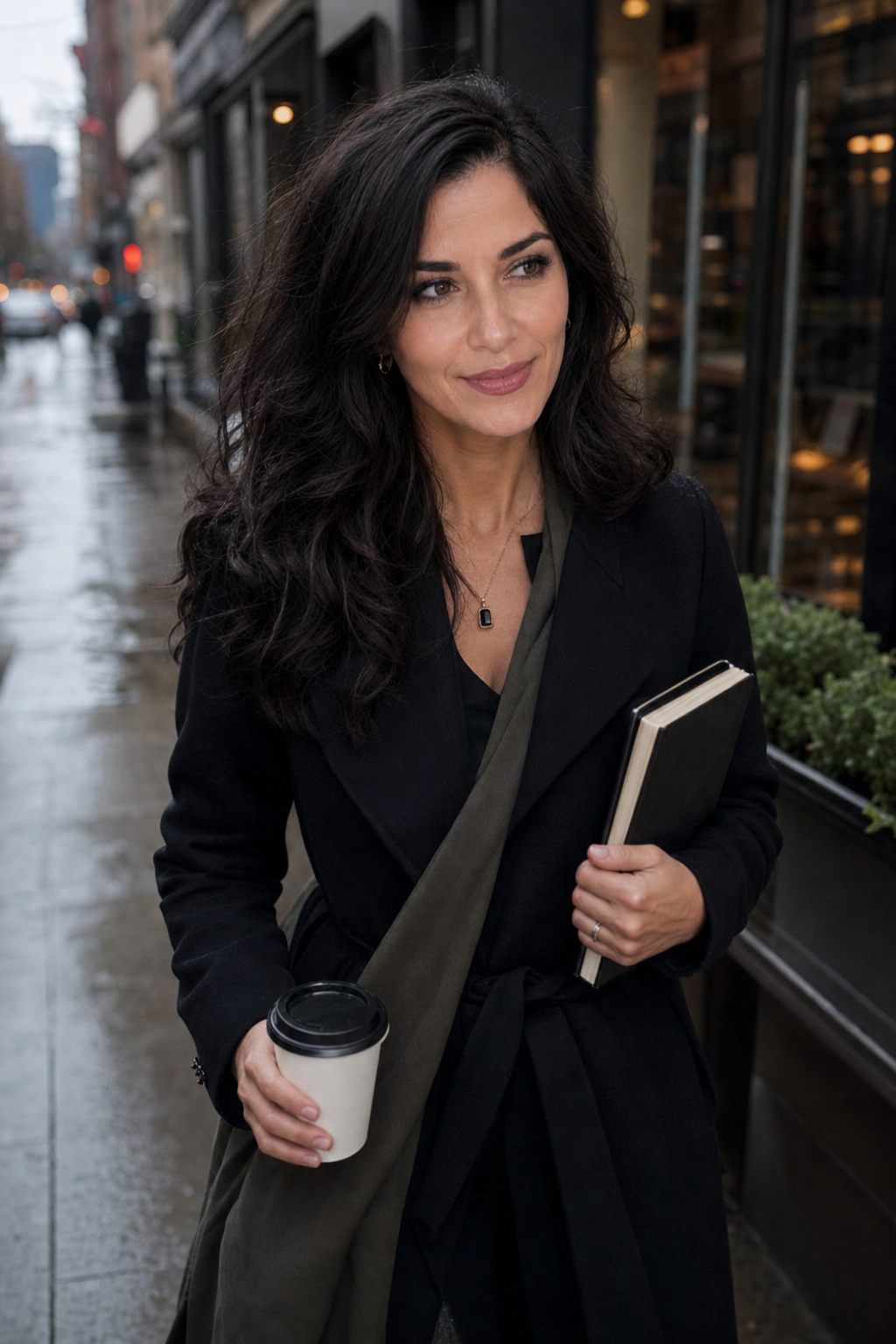 Nyra Somata walking on a rainy city sidewalk with coffee and a closed notebook, dark coat catching the gray morning light.