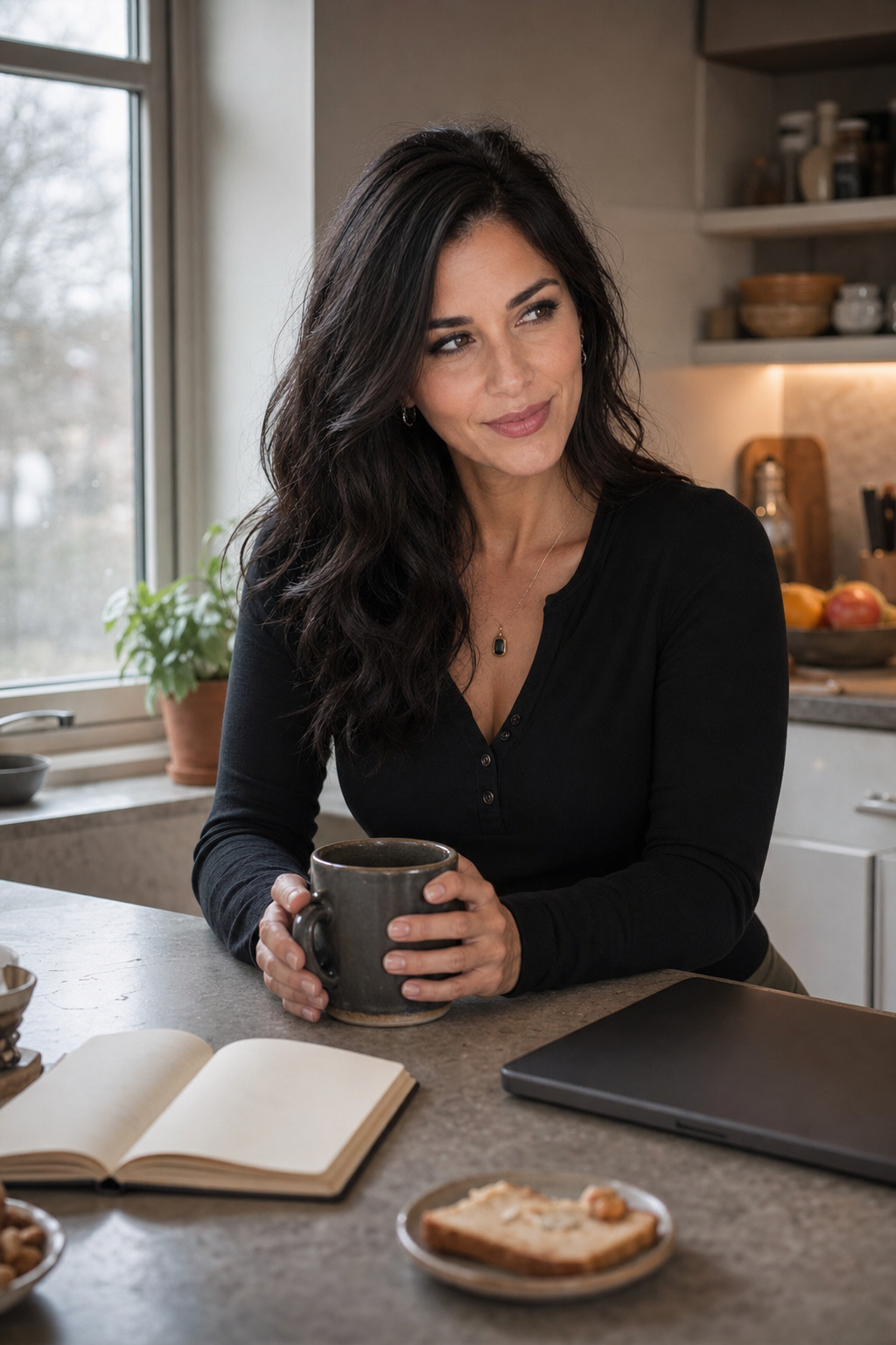 Nyra Somata at a kitchen counter with coffee, a notebook, and breakfast in soft gray window light.