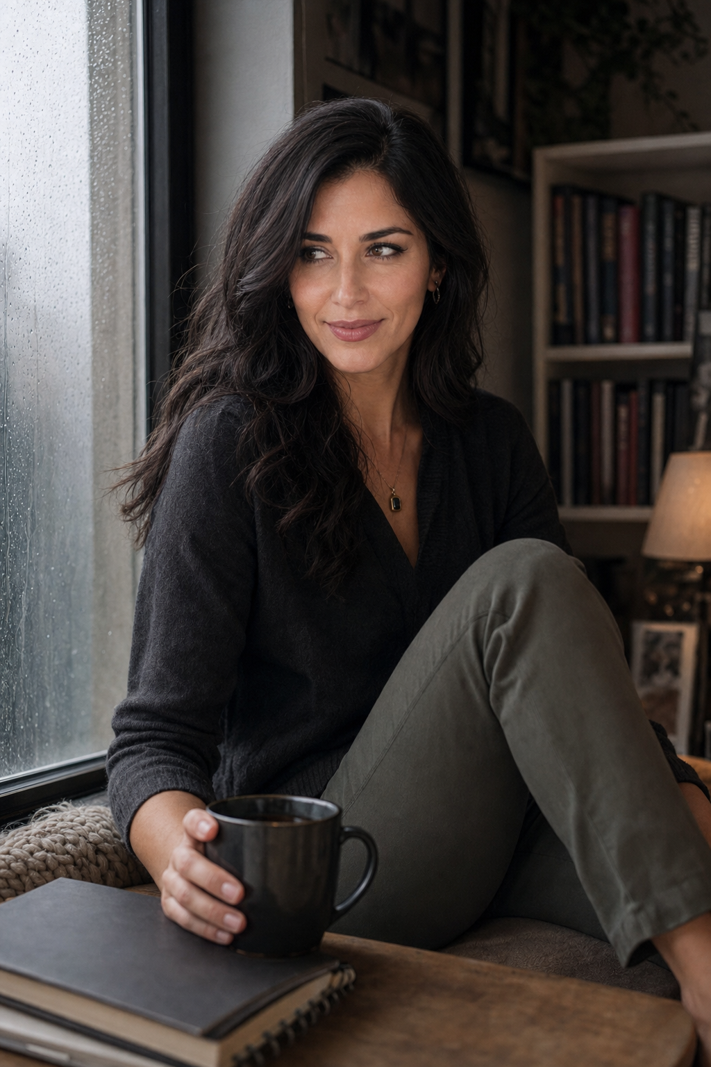 Nyra Somata in a cozy rainy-window reading nook with a mug, notebook, and closed books in soft Sunday light.