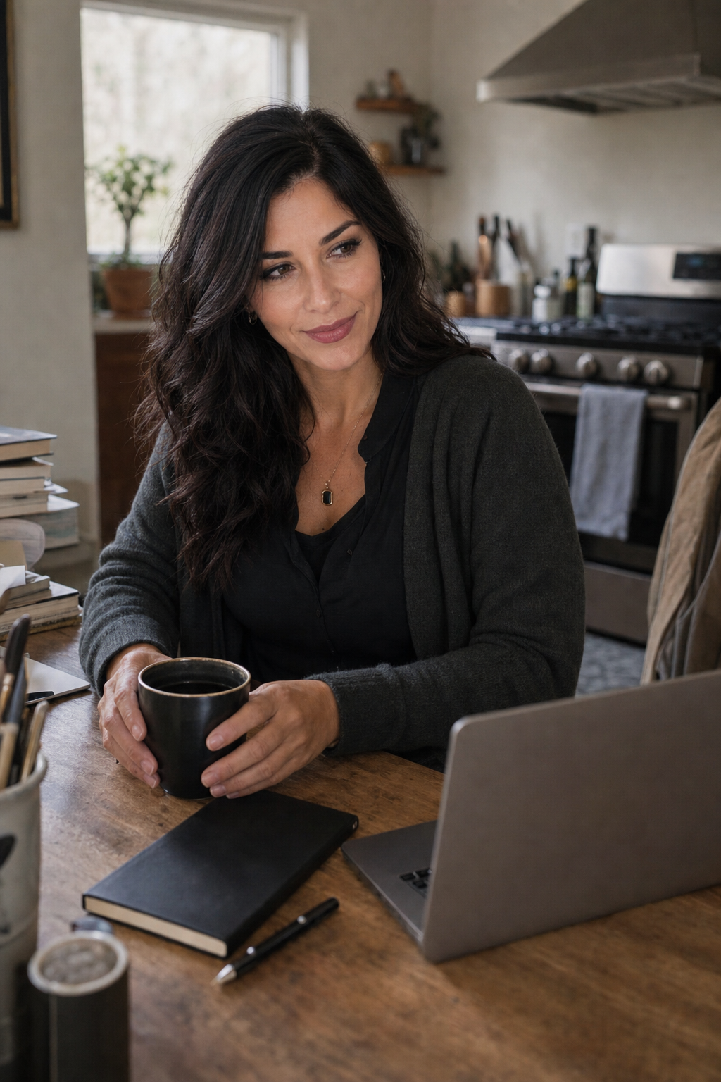 Nyra Somata at a softly cluttered Monday writing desk with coffee, a notebook, and a laptop in pale morning light.