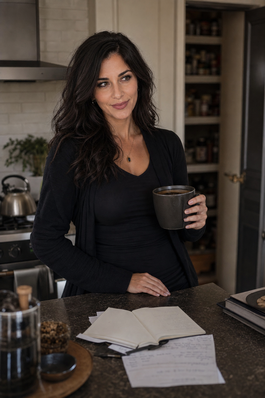 Nyra Somata leaning at a kitchen counter with coffee and notes in soft Tuesday morning light, with a quiet stove and half-open pantry behind her.