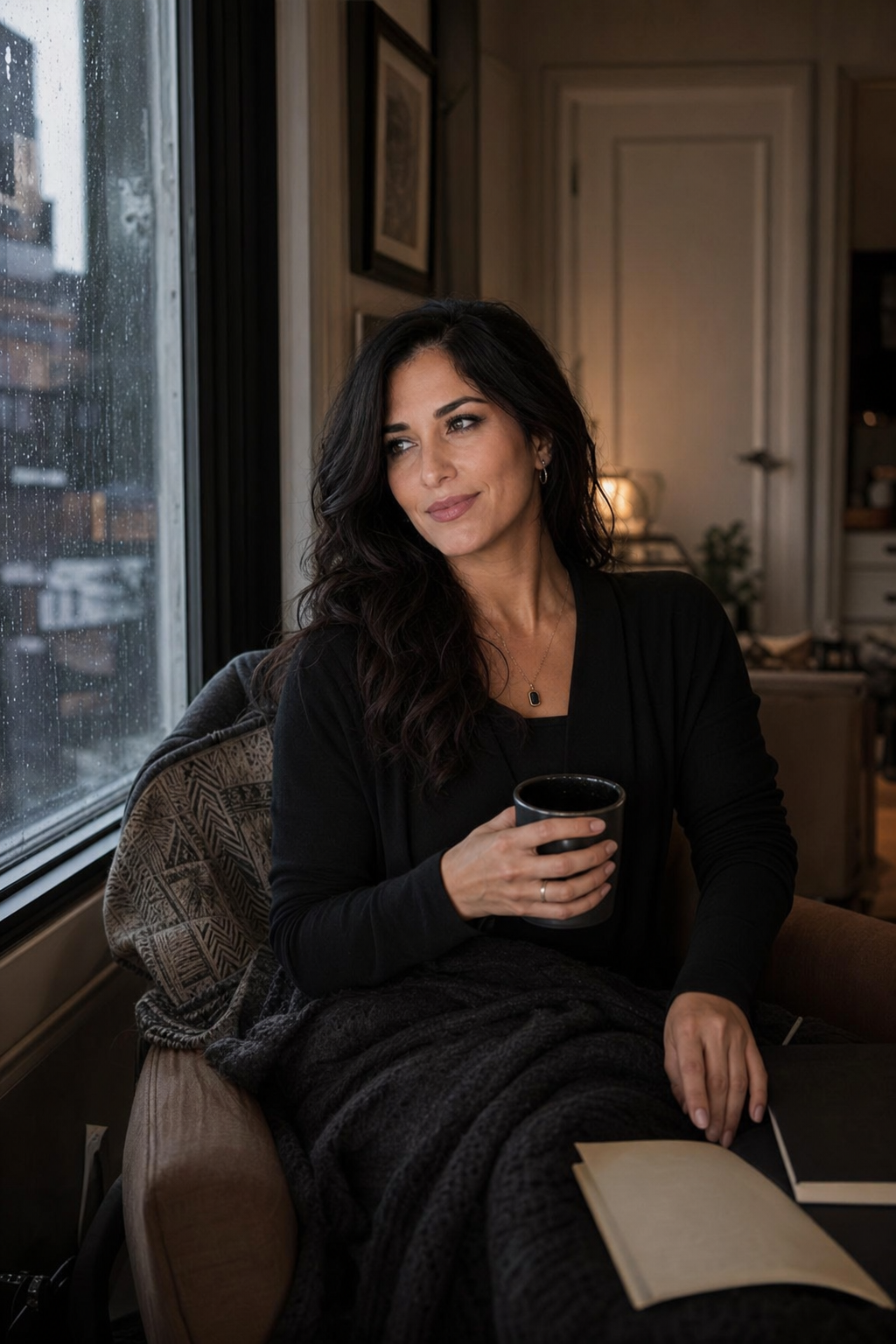 Nyra Somata sitting sideways in a chair by a rain-streaked window with a mug, blanket, notebook, and book nearby, looking tired but amused in soft gray morning light.