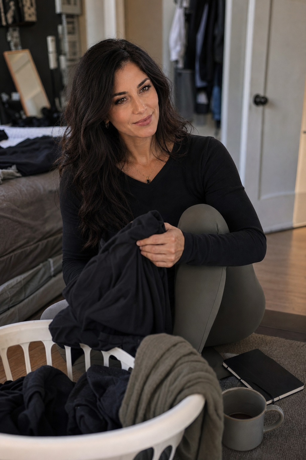 Nyra Somata sitting on the floor beside a laundry basket of dark clothes with a coffee and notebook nearby, giving an amused skeptical look in soft Thursday apartment light.