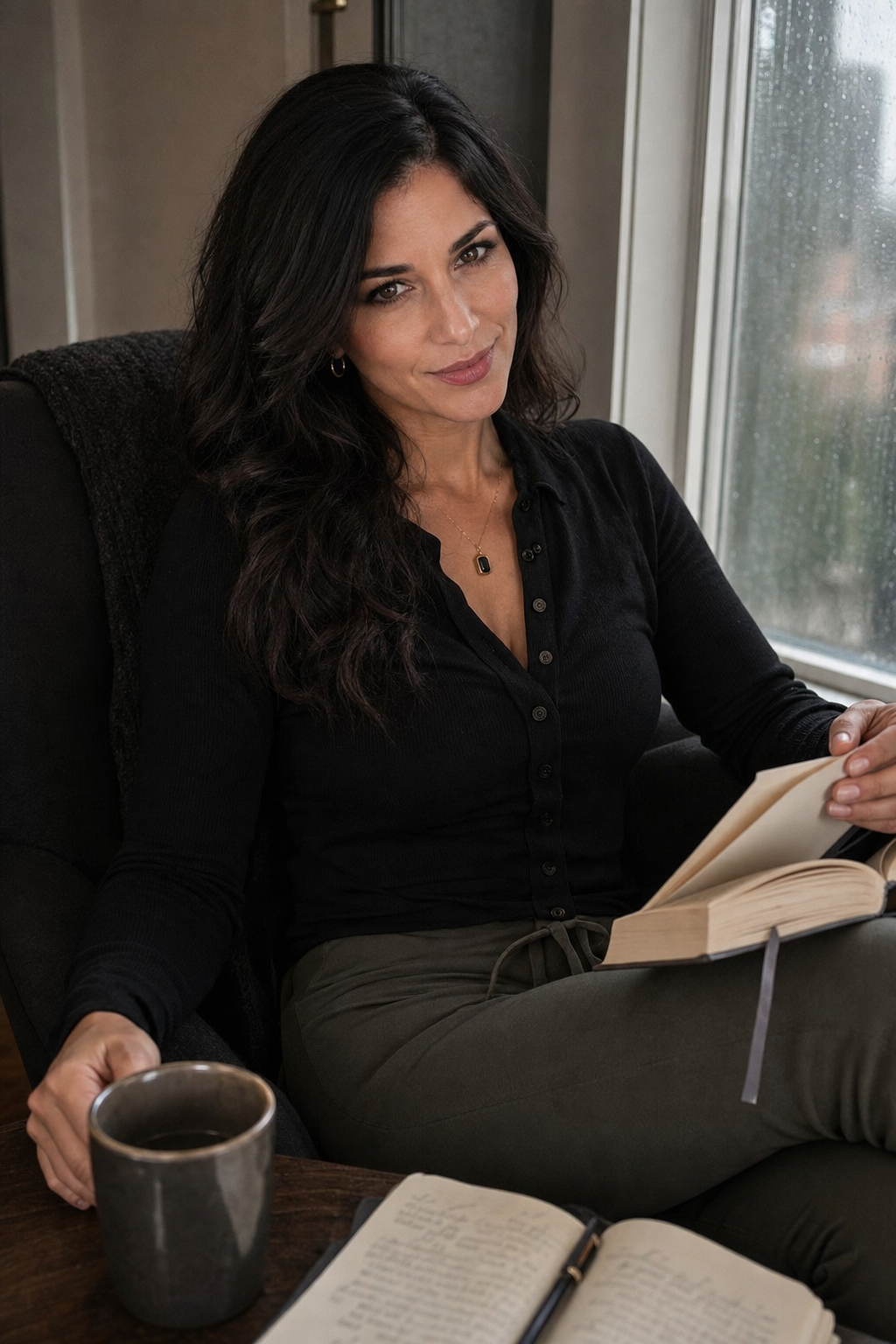 Nyra Somata in a dark reading chair by a rainy window with a lukewarm mug and an open paperback, giving a skeptical amused side glance while holding her place with a bookmark.