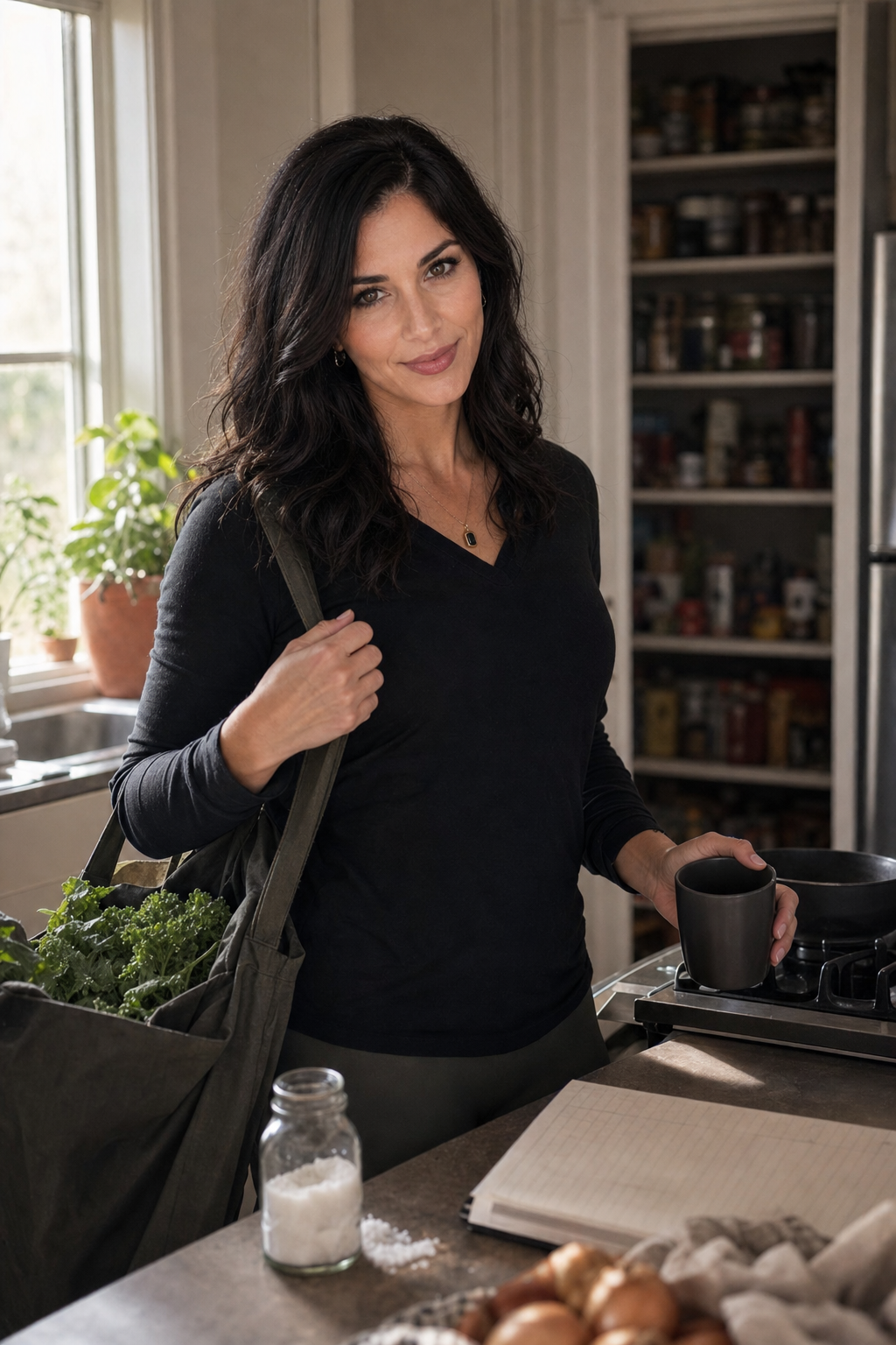 Nyra Somata at a kitchen counter with coffee, a grocery tote, a notebook-style list, and a half-open pantry behind her, giving an amused skeptical side glance in soft Saturday light.