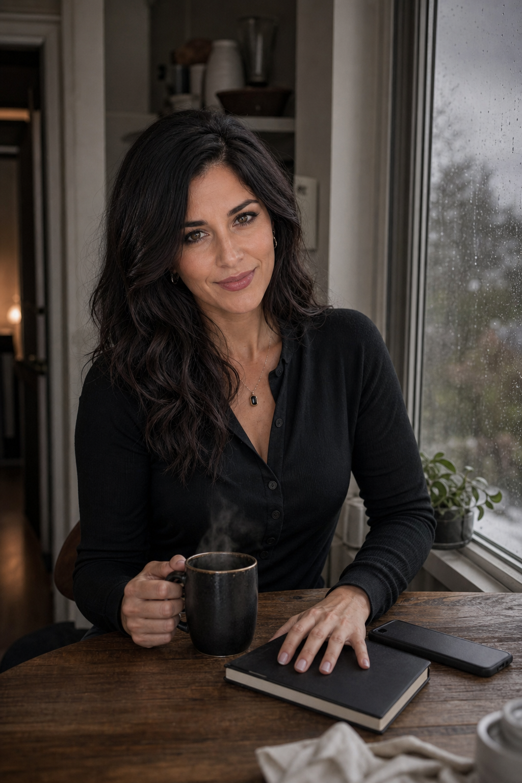 Nyra Somata at a gray Sunday kitchen-window table with a hot mug, closed notebook, phone face-down, and a doorway behind her, giving a calm rested-but-wary look.