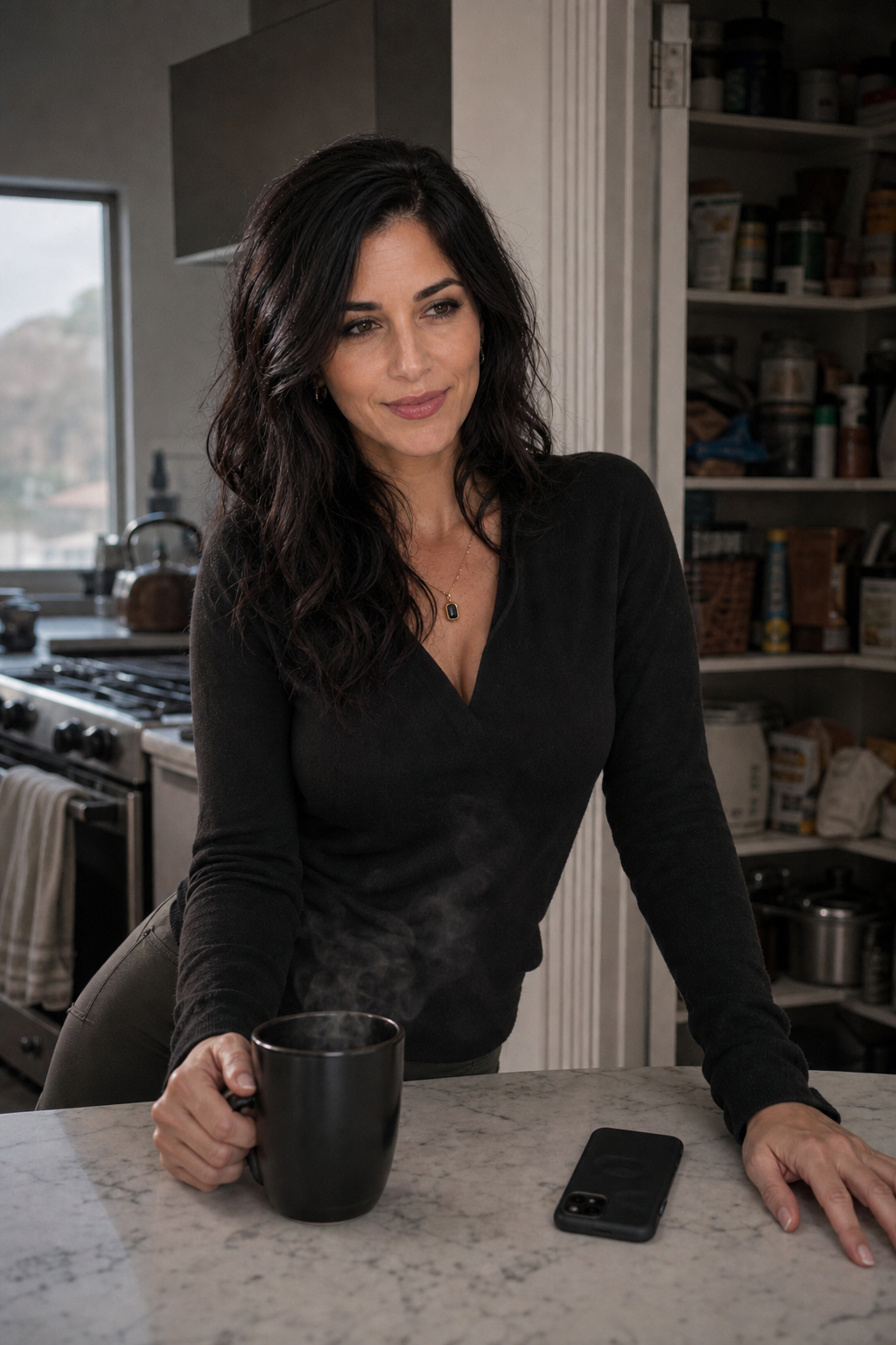 Nyra Somata at a Monday kitchen counter with coffee, a face-down phone, a cracked pantry door, and a cooled stove behind her, giving a calm skeptical look about boundaries.