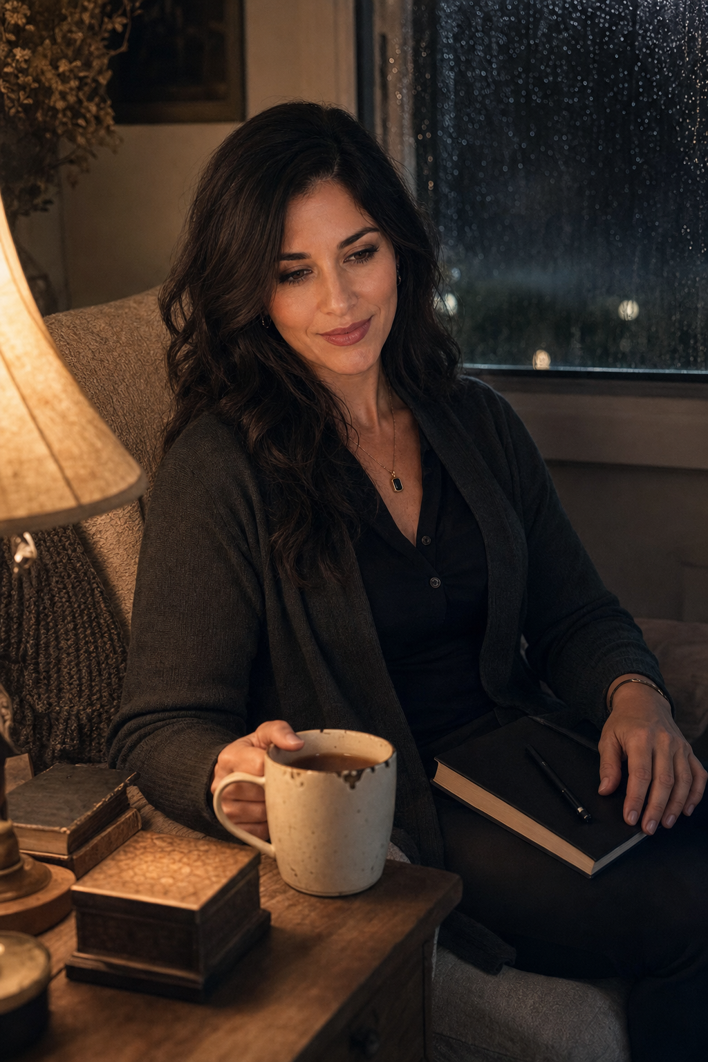 Nyra Somata in a warm night reading corner with a mug of tea, closed books, a notebook, and rain on the window, looking tired and amused during an insomnia reading ritual.