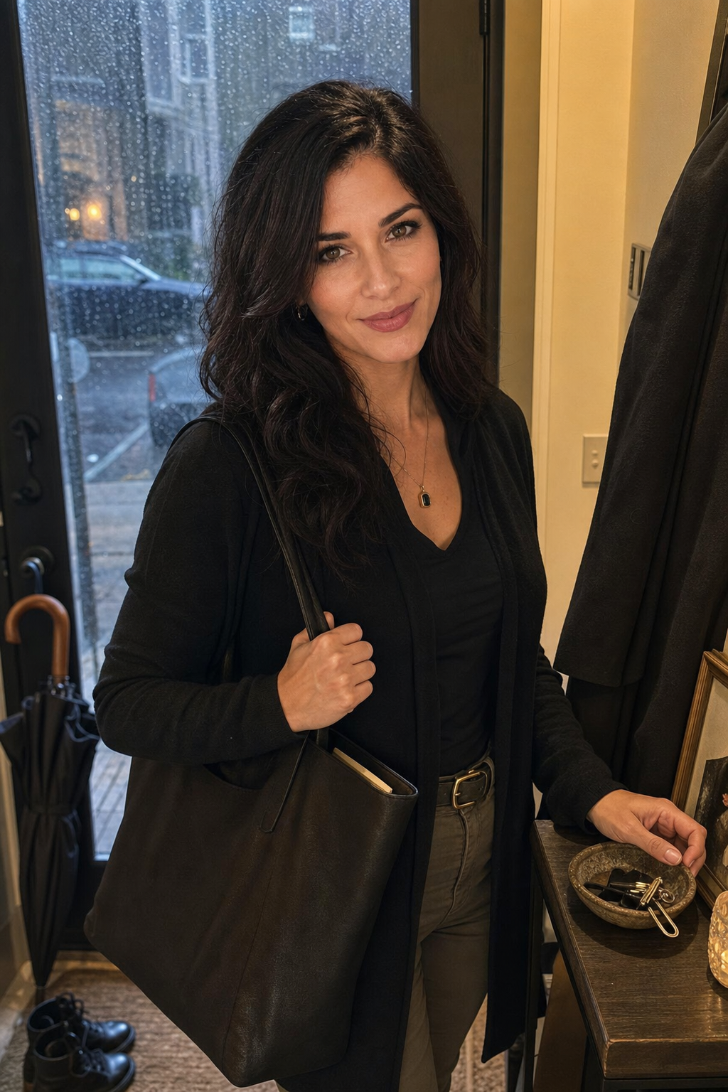 Nyra Somata in a rainy entryway with a closed umbrella, wet boots, keys, and a tote bag, looking amused and assessing as she keeps one hand near the door.