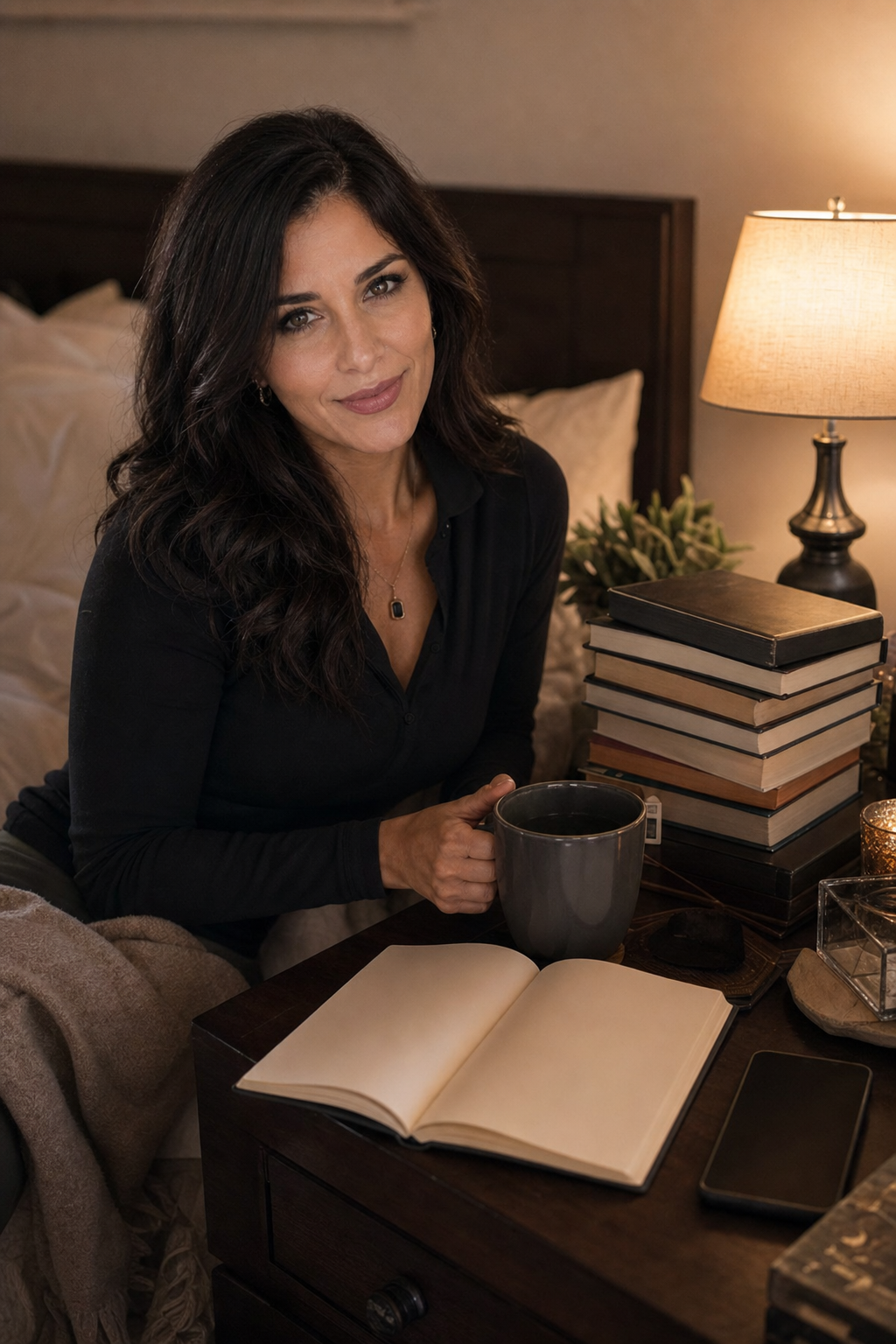 Nyra Somata beside a nightstand with a warm lamp, tea, a face-down phone, a notebook, and unreadable book stack, looking amused and conspiratorial during a Friday reading ritual.
