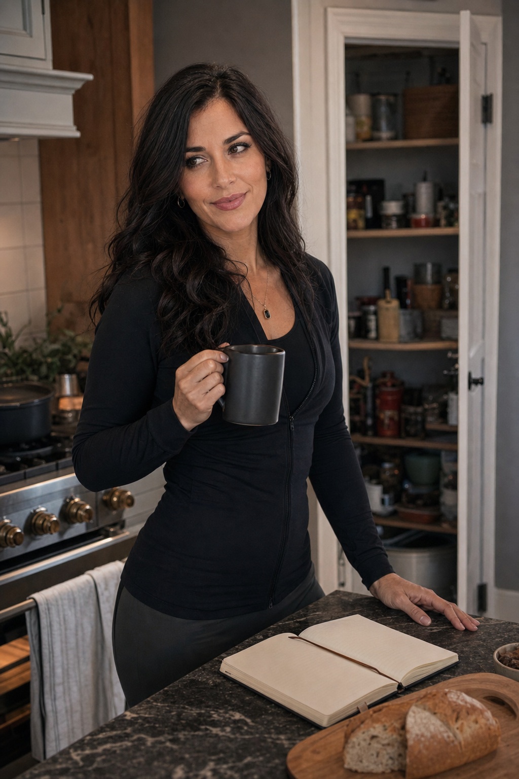 Nyra Somata in a quiet Saturday kitchen beside the stove and a half-open pantry door, holding coffee with an amused, assessing expression that matches a dark-romance boundaries essay.