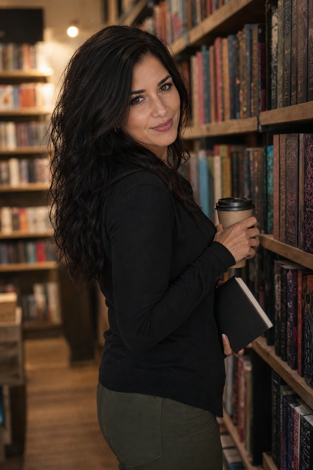 Nyra Somata in a quiet bookstore aisle with coffee and a notebook, giving an amused assessing side-glance that matches a Sunday dark-romance reading ritual about desire with boundaries.