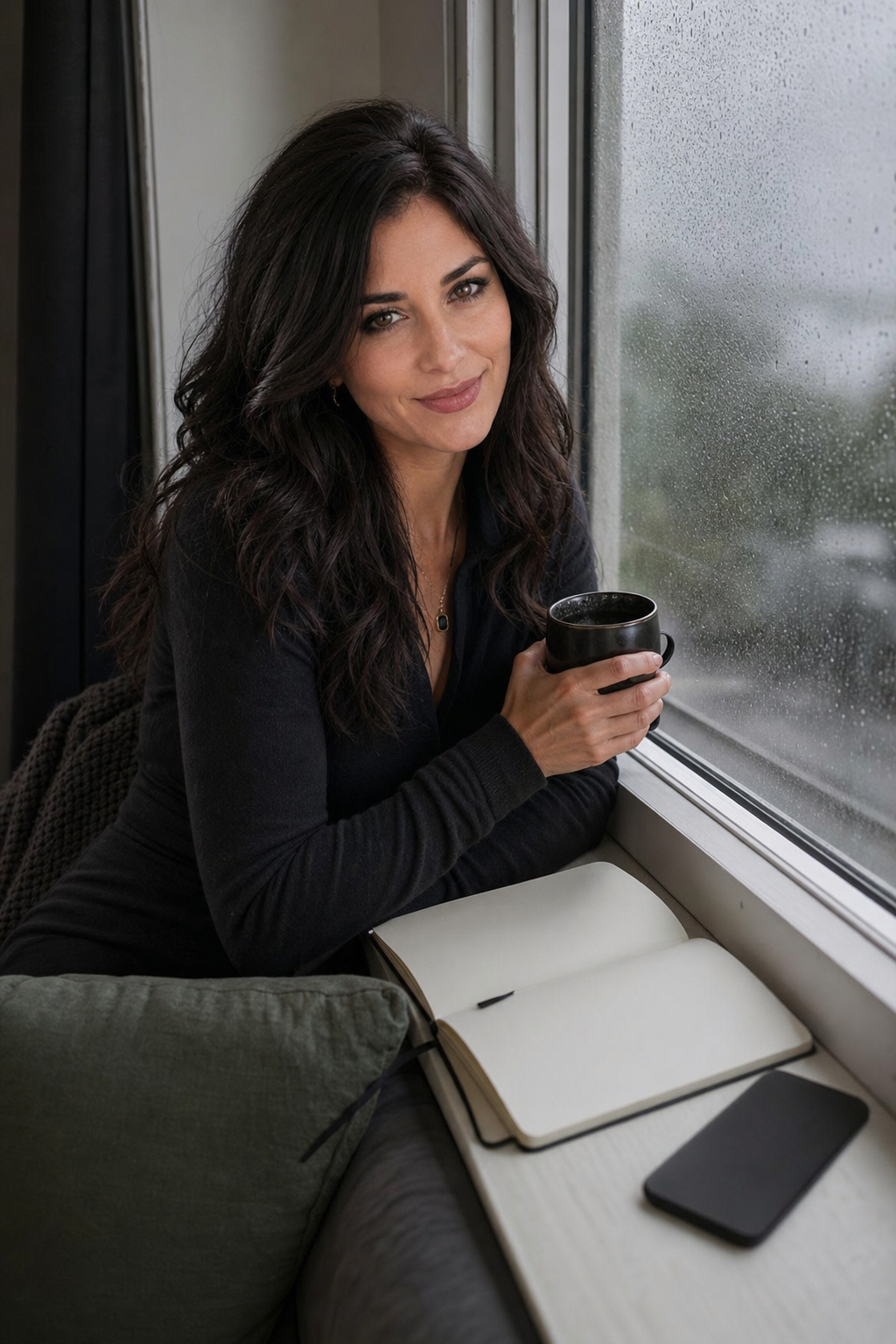 Nyra Somata at a rainy window seat with a dark mug, phone face-down, and open notebook, wearing a dark cardigan and giving a tired conspiratorial reader look for a Monday dark-romance ritual about restraint and boundaries.