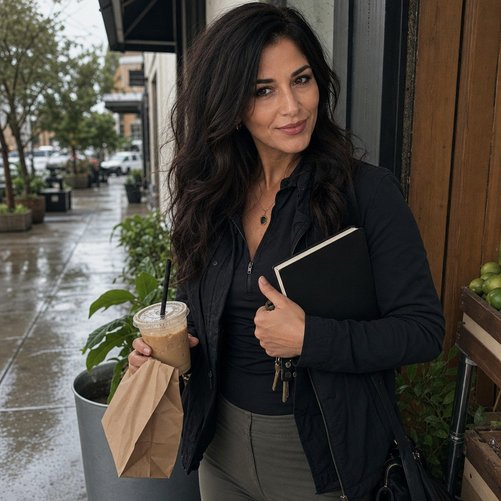 Nyra Somata on a damp city sidewalk after errands, holding an iced coffee and a small paper bag with a notebook tucked under one arm, wearing dark neutral layers and giving a playful assessing side glance that fits a Saturday journal note about boundaries, desire, and monster-romance standards.
