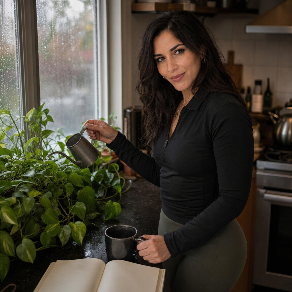 Nyra Somata beside a rainy kitchen windowsill, watering a stubborn green houseplant with a coffee mug and notebook nearby, wearing dark neutral author layers and giving a wry, assessing half-smile that fits a Sunday journal note about care, boundaries, desire, and domestic menace.