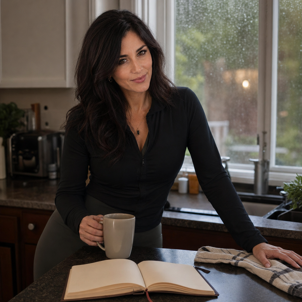 Nyra Somata half-turned at a rainy kitchen counter with coffee, an open notebook, and a dish towel, wearing a dark top and an amused assessing smirk.