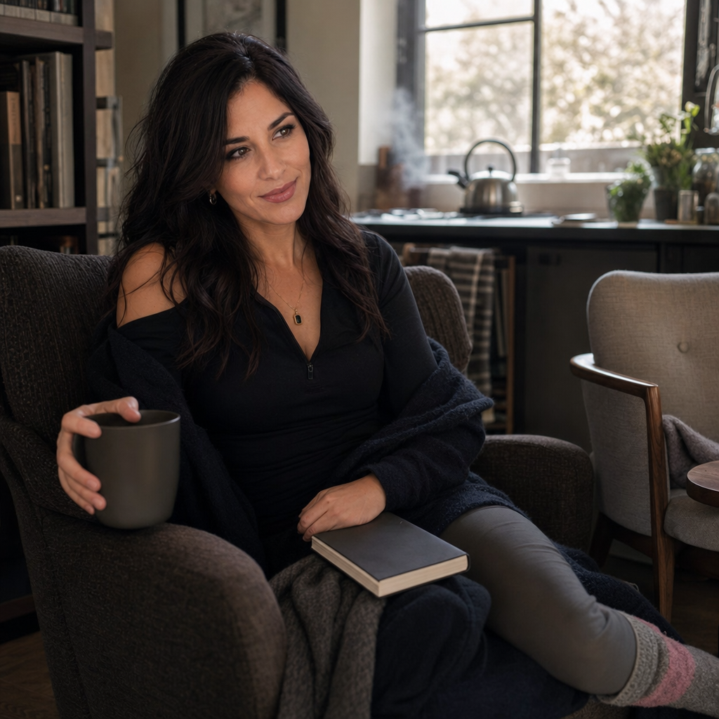 Nyra Somata in a cozy reading chair with kettle steam, a mug, a blanket, and a closed book, giving a restrained amused side glance.