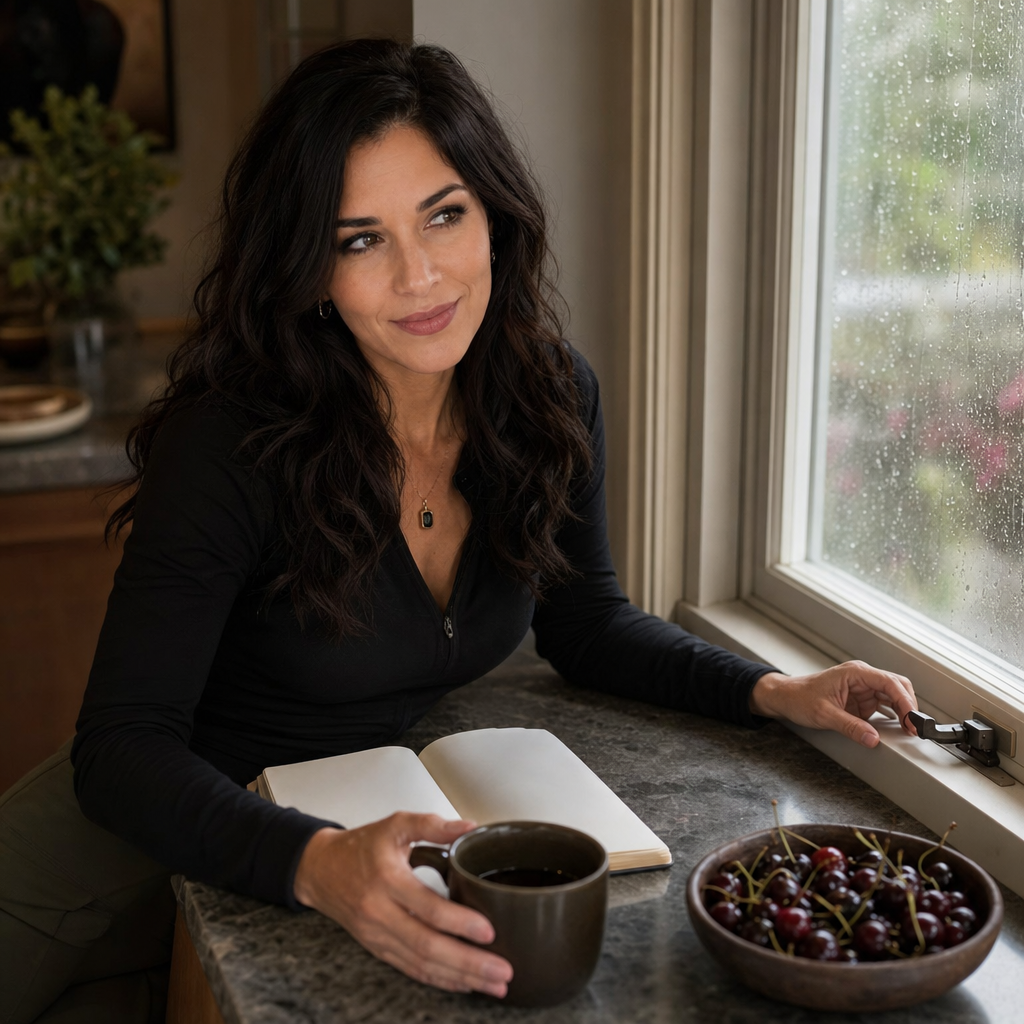 Nyra Somata at a Saturday kitchen window with coffee, cherries, an open notebook, and one hand near the window latch, giving a playful assessing side glance.