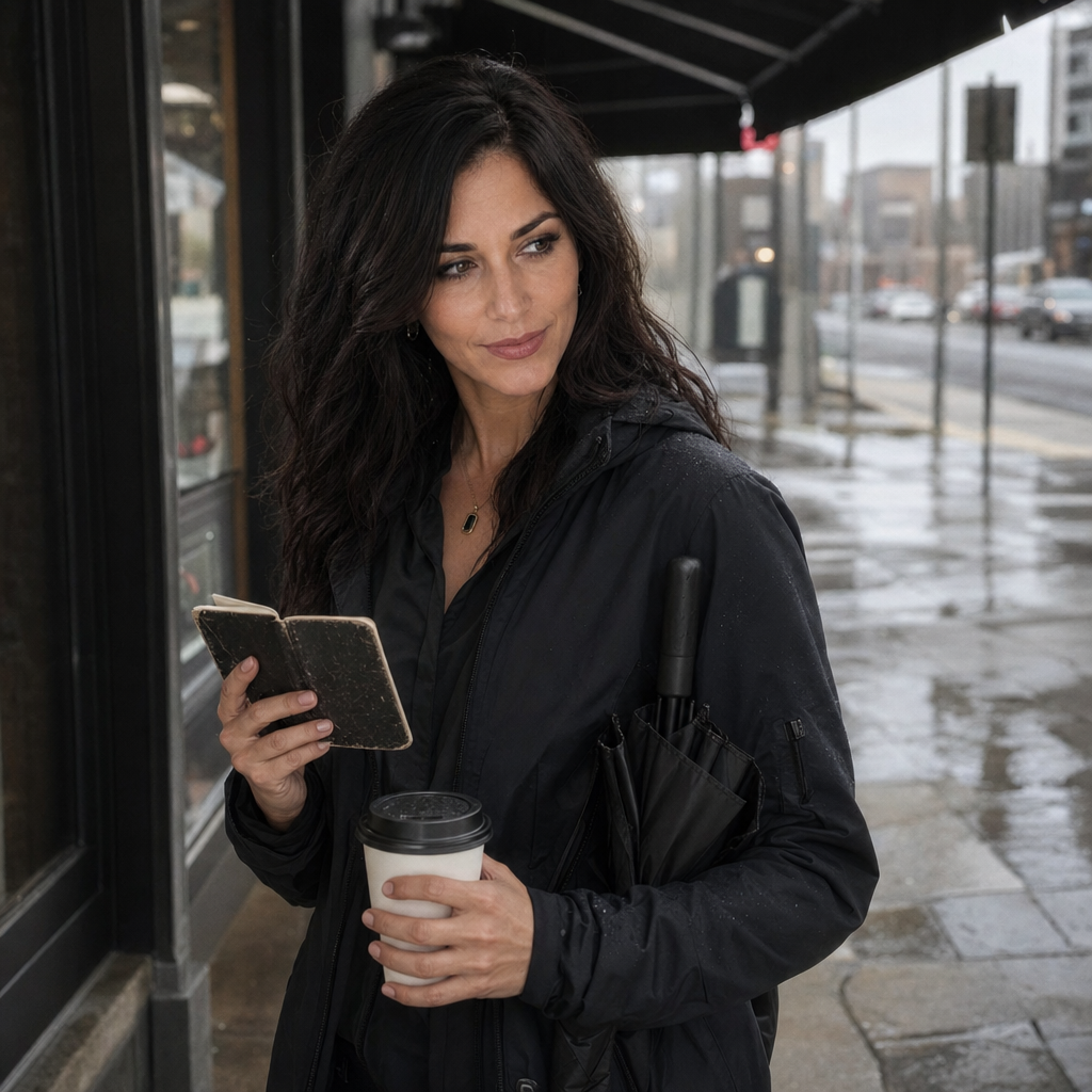 Nyra Somata under a rainy city awning with a coffee, folded umbrella, and pocket notebook, giving a skeptical half-smirk while checking the room-like street around her.