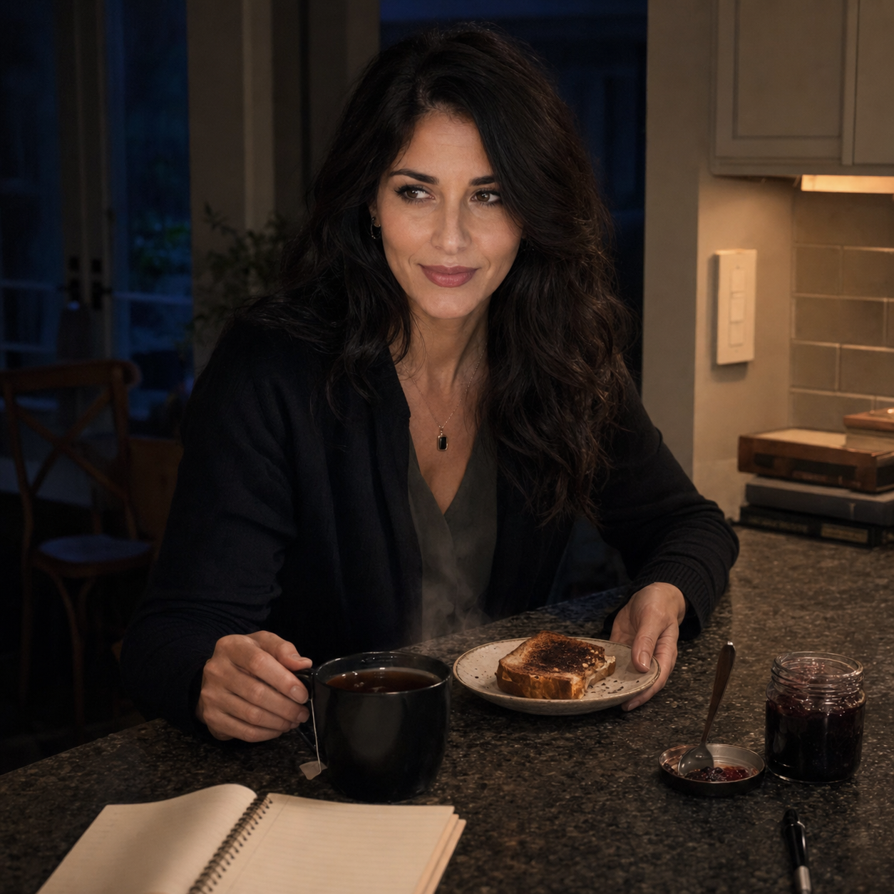 Nyra Somata in a quiet midnight kitchen under pantry light with black tea, toast, cherry jam, and a notebook, giving a tired amused side glance while holding the plate in her own hands.