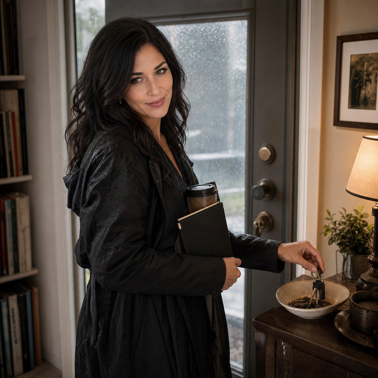Nyra Somata just inside a rainy entryway with coffee, keys, and a dark notebook, giving an amused assessing side glance while the front-door threshold marks the boundary behind her.
