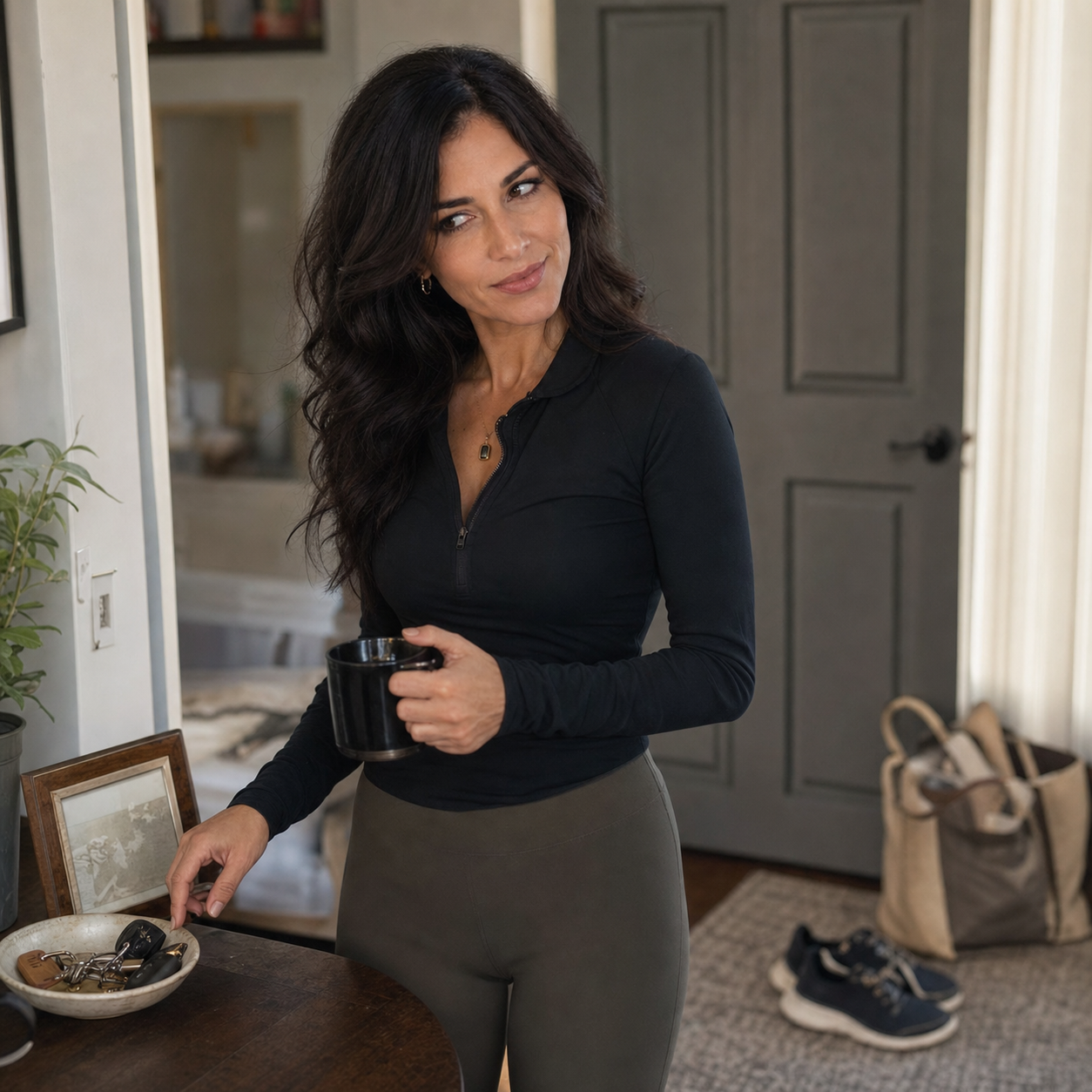 Nyra Somata half-turned at a home entryway table with a coffee mug, key bowl, notebook tote, walking shoes, and a closed door behind her, giving a skeptical amused side glance.