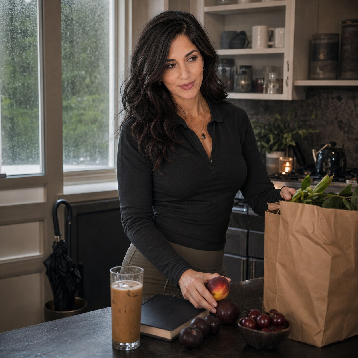 Nyra Somata half-turned at a rainy kitchen counter with a brown grocery bag, fruit, iced coffee, and a notebook, giving a skeptical amused side glance while unpacking groceries.
