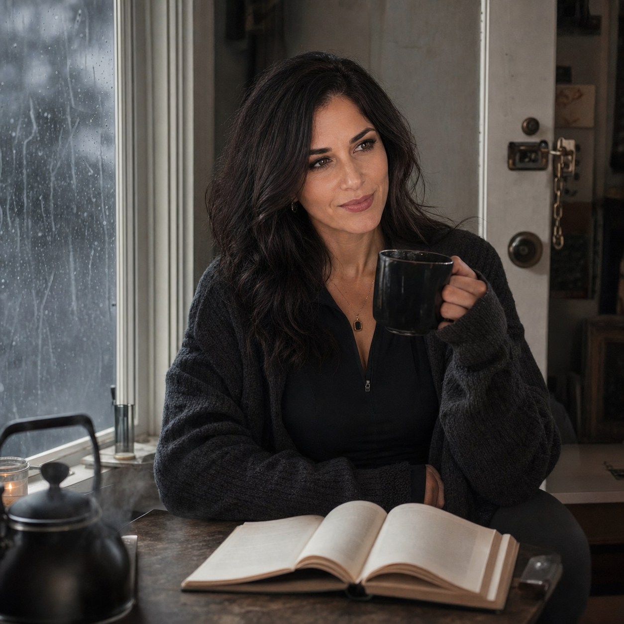 Nyra Somata in a dark cardigan at a storm-lit window with a chipped black mug, kettle, book, and blanket nearby, giving a calm skeptical side glance from a quiet Sunday reading corner.