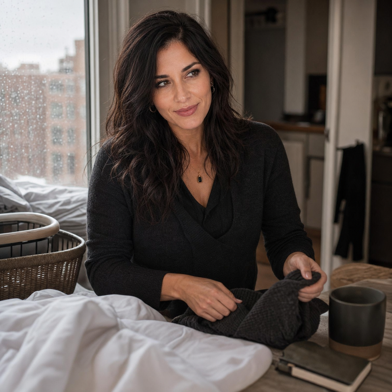 Nyra Somata in a dark casual sweater beside clean laundry and a rain-lit window, folding a black sweater near a coffee mug and pocket notebook with an amused assessing side glance.