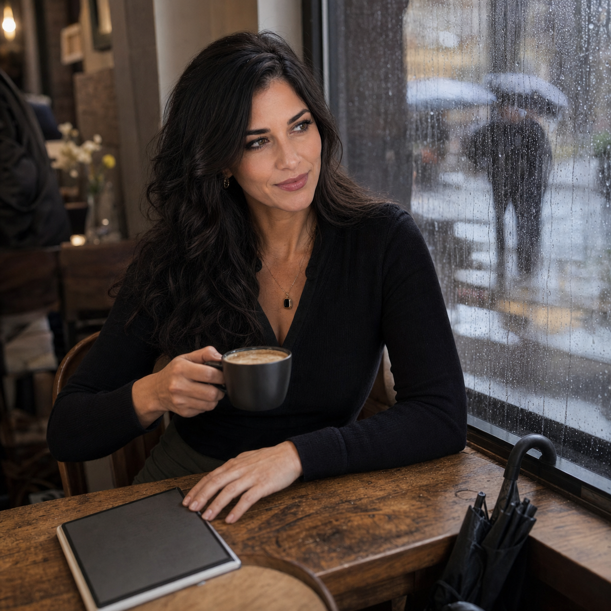 Nyra Somata seated at a rainy cafe window with coffee, an e-reader and notebook on the table, an umbrella by her chair, and a skeptical amused side glance.
