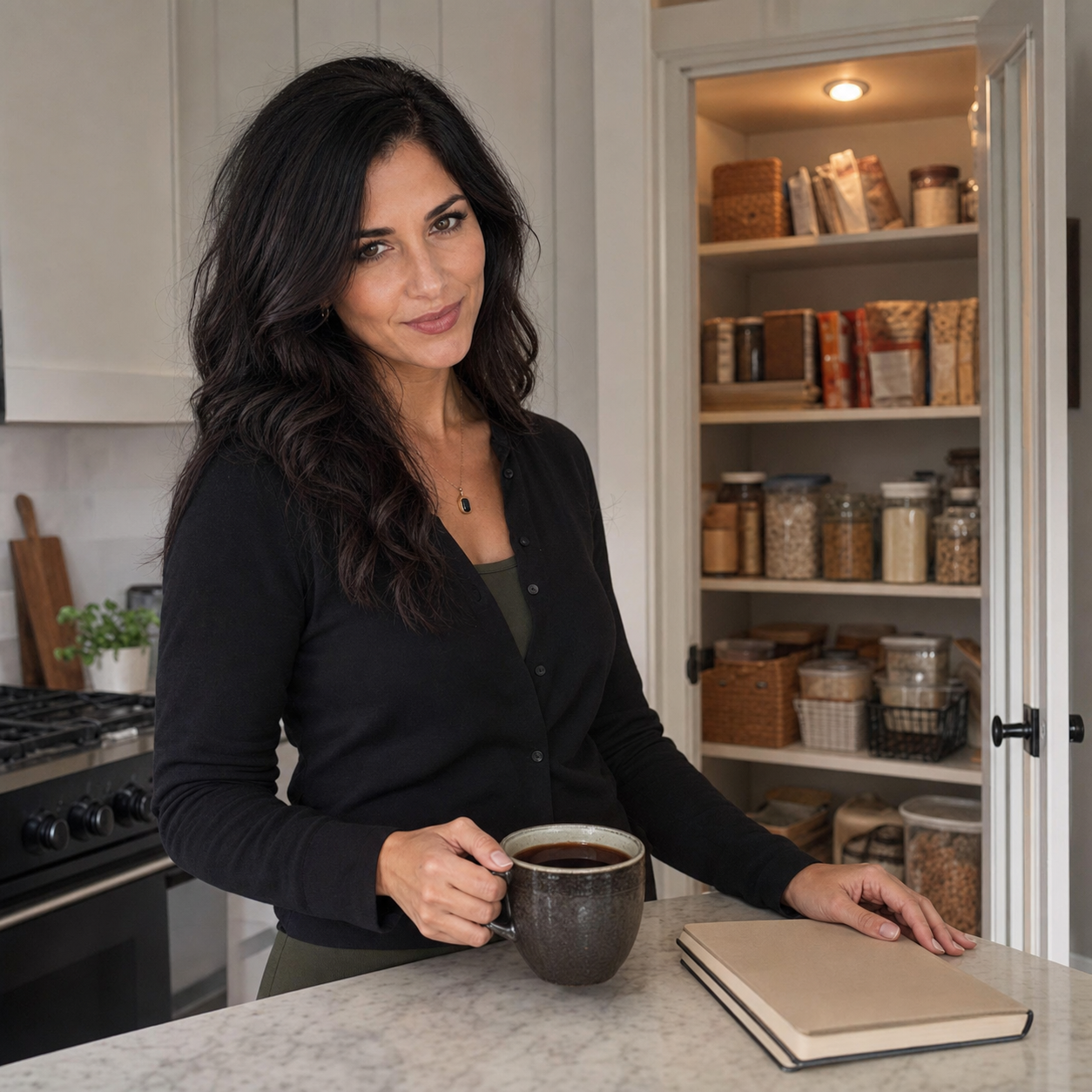 Nyra Somata in a quiet kitchen beside an open pantry, holding a mug of tea near a notebook, with a skeptical amused side glance and warm Saturday light.