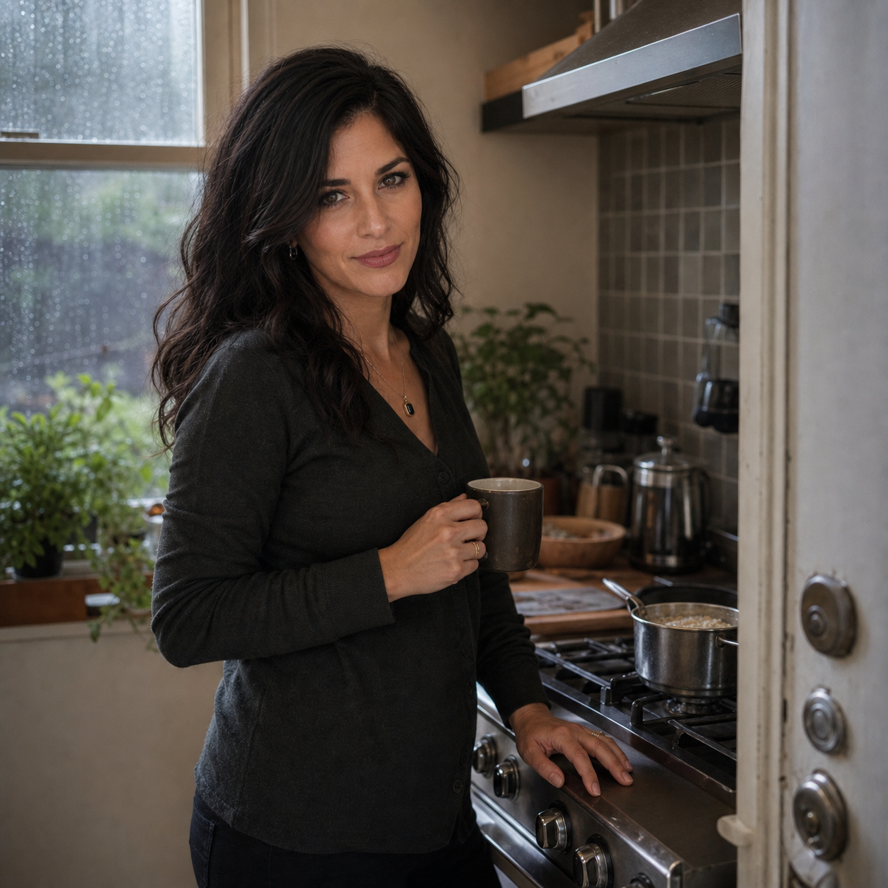 Nyra stands half-turned in a rainy home kitchen beside a stove, holding coffee with a skeptical smirk while a pot and a visible door lock frame the domestic boundary mood.