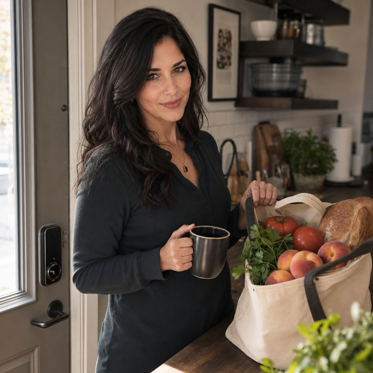 Nyra stands half-turned in a bright home kitchen with coffee and a market tote of peaches, tomatoes, parsley, and bread, wearing a playful assessing smirk near the entry door.