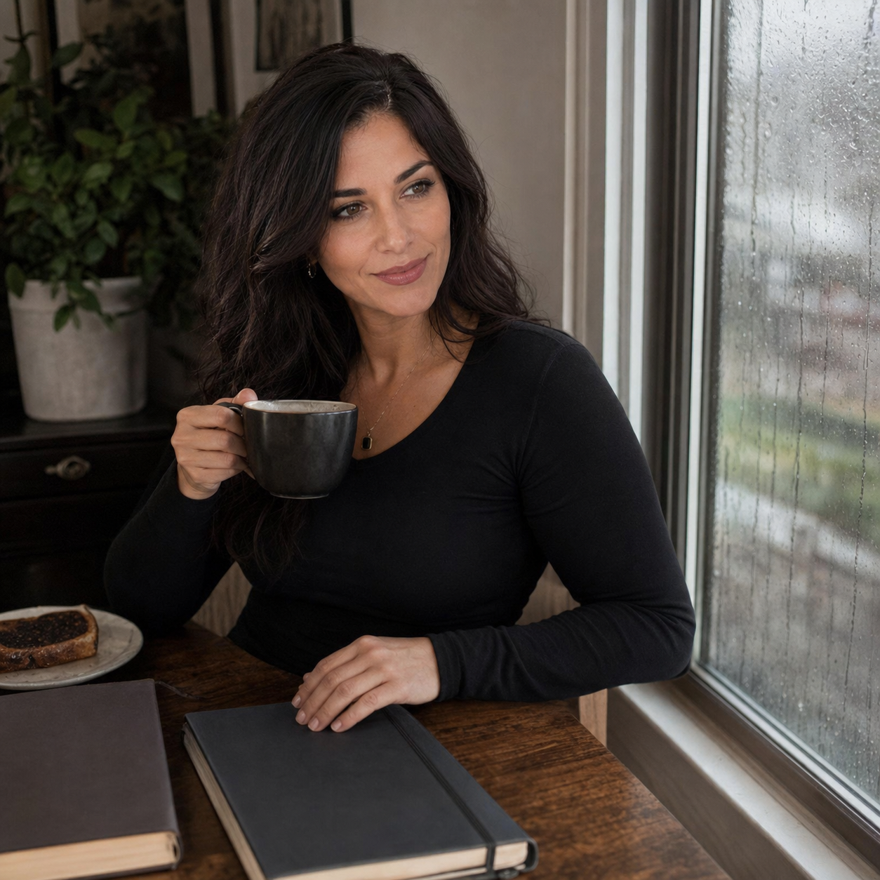 Nyra sits beside a rain-streaked Sunday window with a dark mug of tea, a closed notebook, a face-down book, and a small plate of toast, wearing a restrained amused smirk.