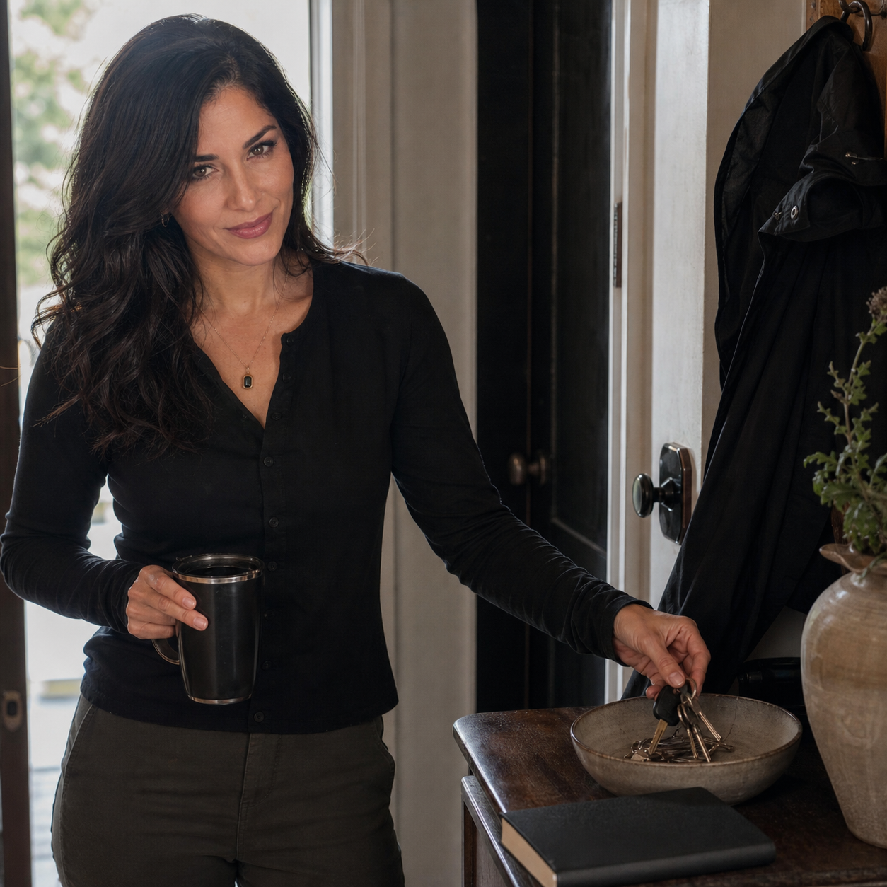 Nyra stands at a small entryway table with rain-damp keys, a travel mug, a dark notebook, and a black raincoat hanging nearby, wearing a skeptical half-smile as she drops the keys into a bowl.