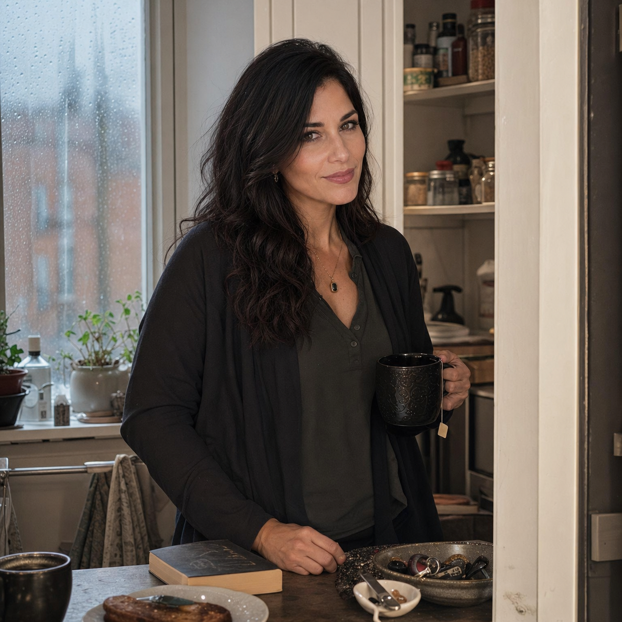 Nyra stands in a rain-dim kitchen doorway with black tea, a pantry shelf, and a small key bowl nearby, giving an assessing half-smirk that fits a journal note about thresholds, invitations, and dark-romance boundaries.