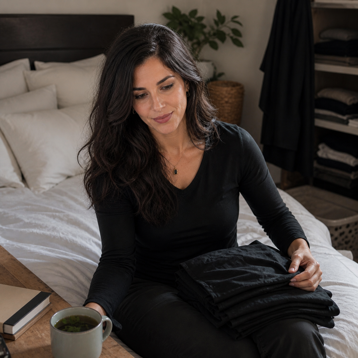 Nyra sits beside clean sheets and folded dark laundry with peppermint tea and a facedown paperback nearby, wearing a skeptical half-smirk that fits a journal note about care, accountability, and dark-romance standards.