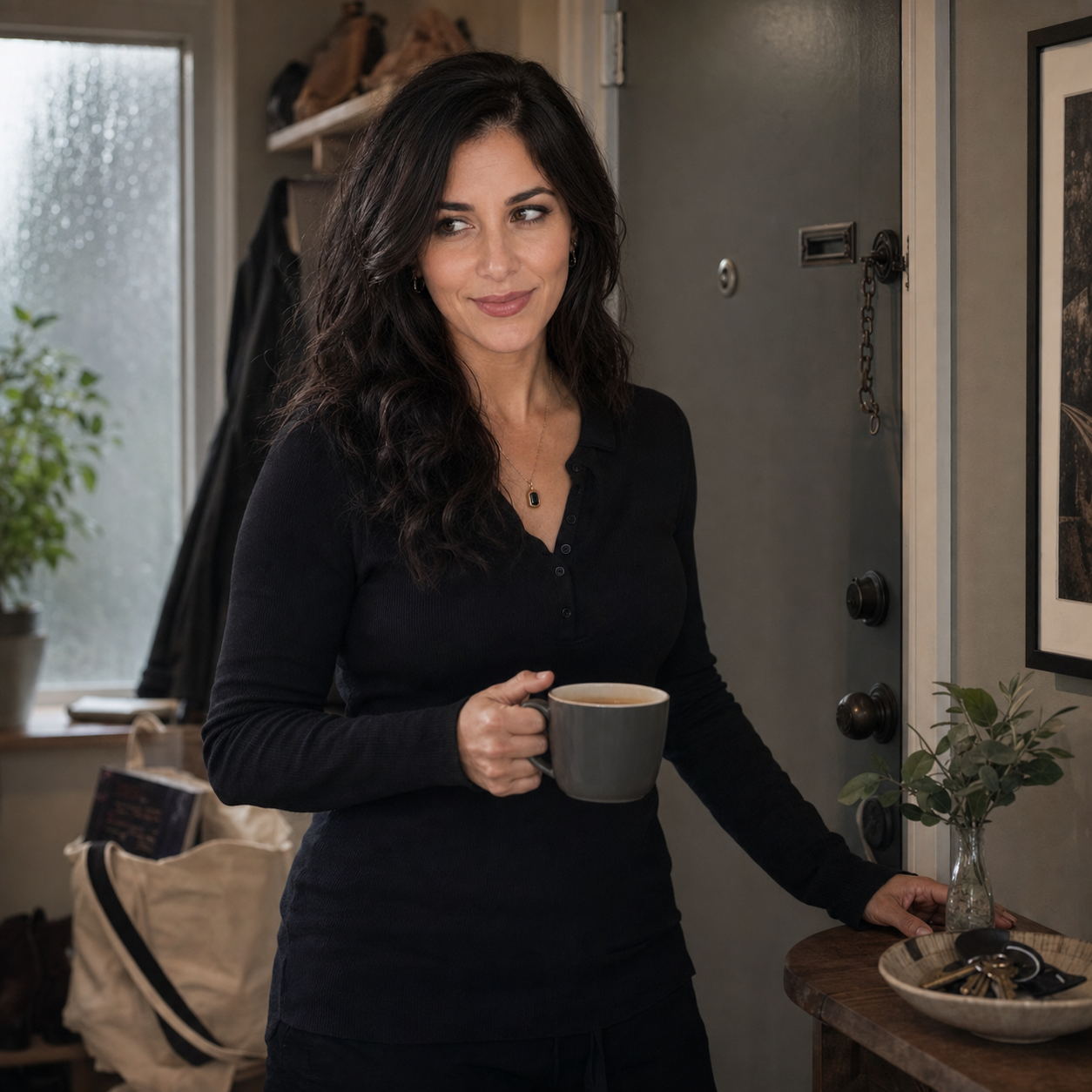 Nyra stands near her apartment front door with coffee, keys, and a dark tote by her shoes, giving a skeptical side glance that fits a journal note about invitation, access, and dark-romance boundaries.