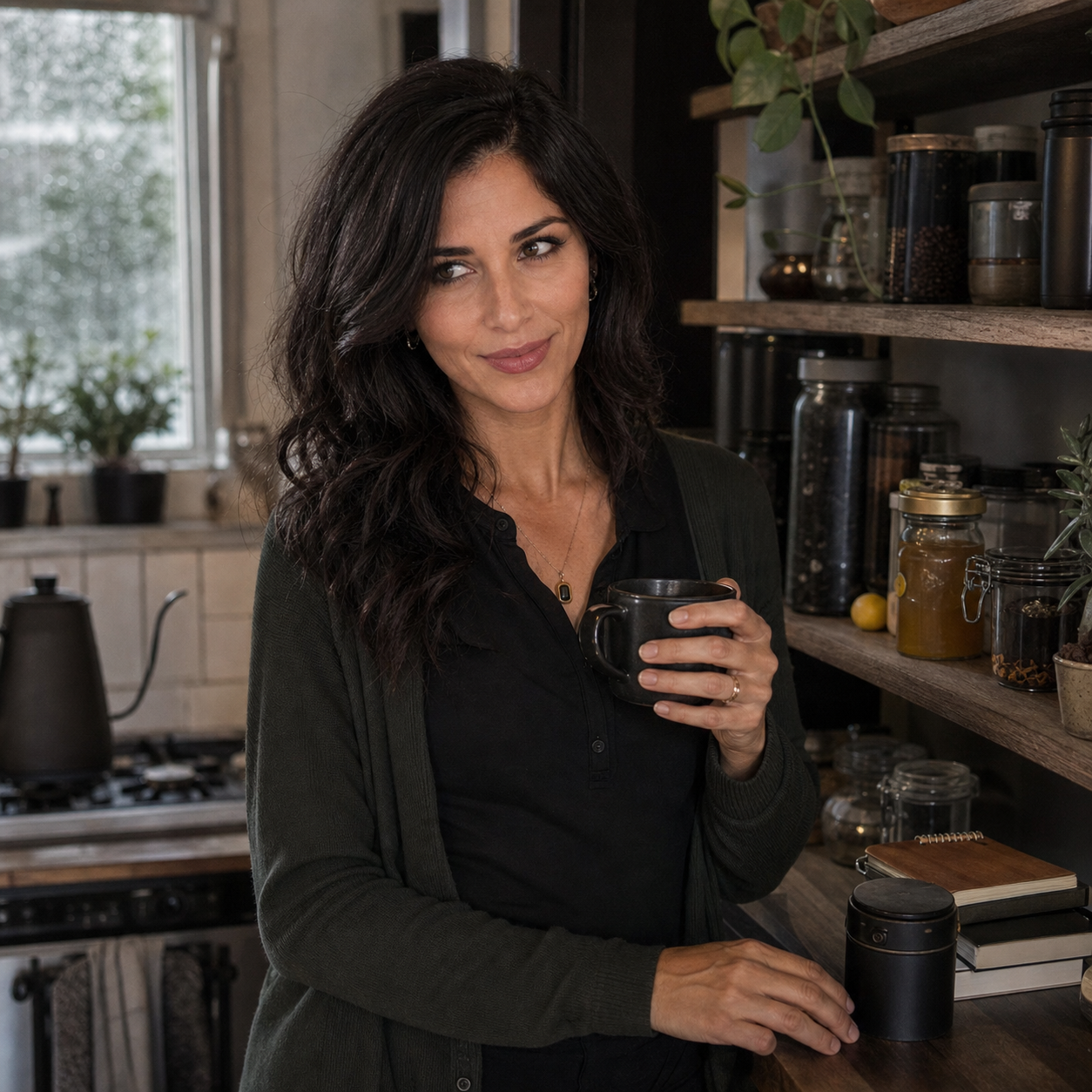 Nyra stands at a kitchen counter beside an open pantry shelf with tea, honey, a kettle, and a closed notebook, giving an amused assessing side glance that fits a journal note about domestic danger, restraint, and invitation.