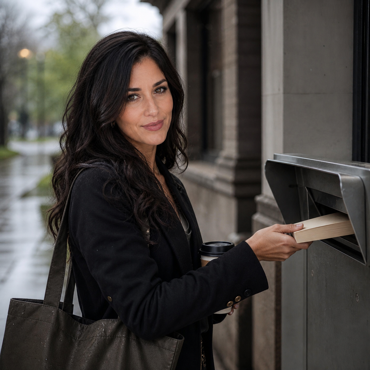 Nyra stands outside a closed library book-return slot on a rain-damp Sunday walk, guiding a plain paperback into the drop box while holding coffee and a dark tote, with an amused assessing side glance.
