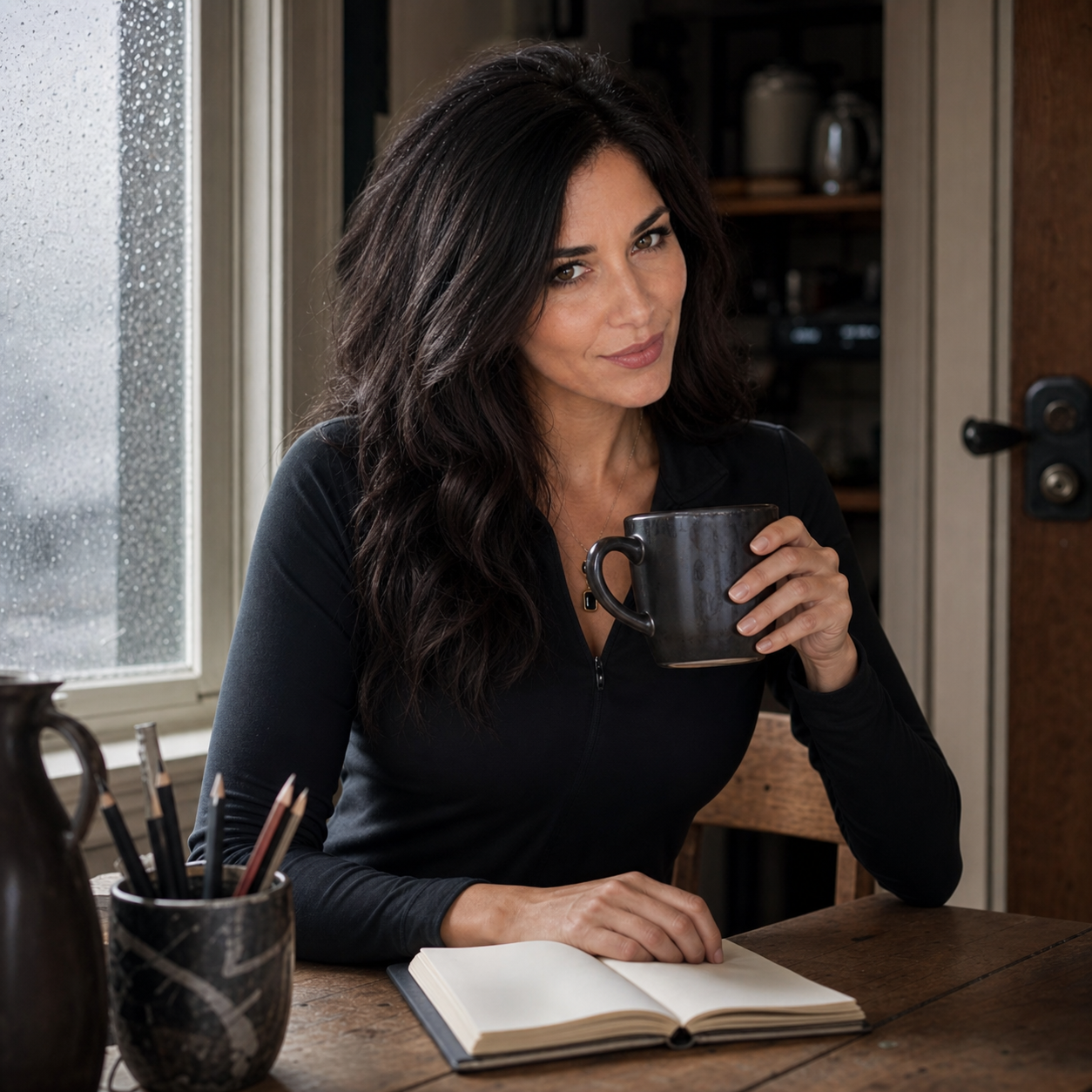 Nyra sits at a rainy kitchen desk with a dark coffee mug, open notebook, sharpened pencils, and a visible door lock behind her, wearing a skeptical half-smirk.
