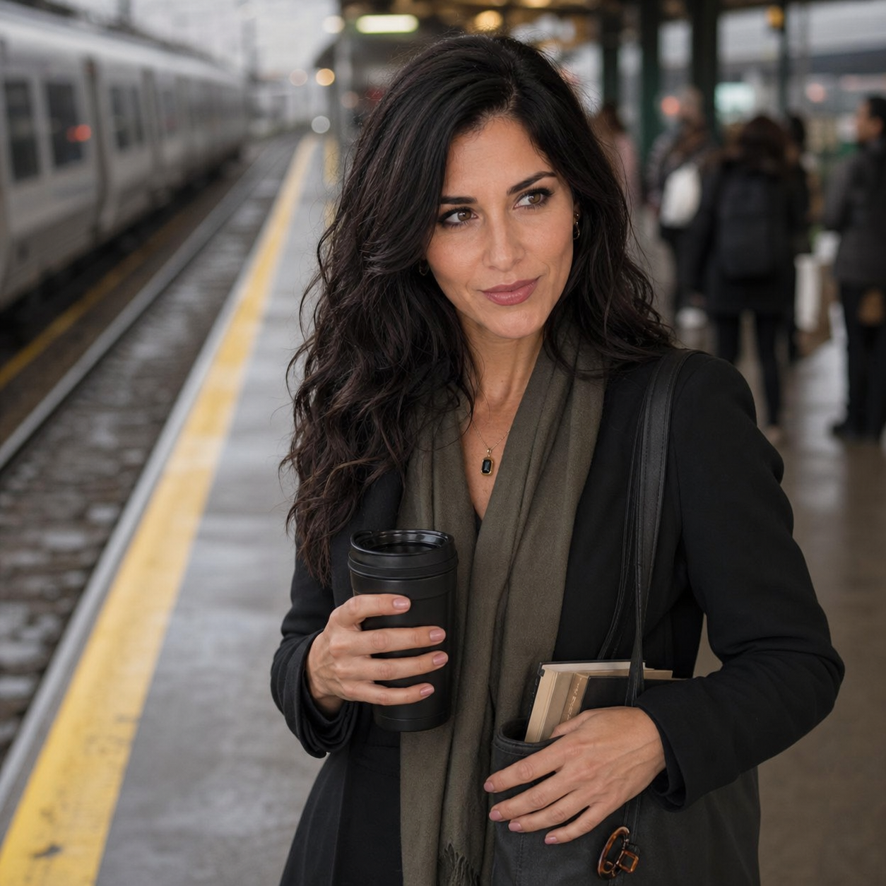 Nyra stands on a damp train platform behind a yellow safety line, holding a black travel mug and a tote with books, wearing a skeptical side-glance.